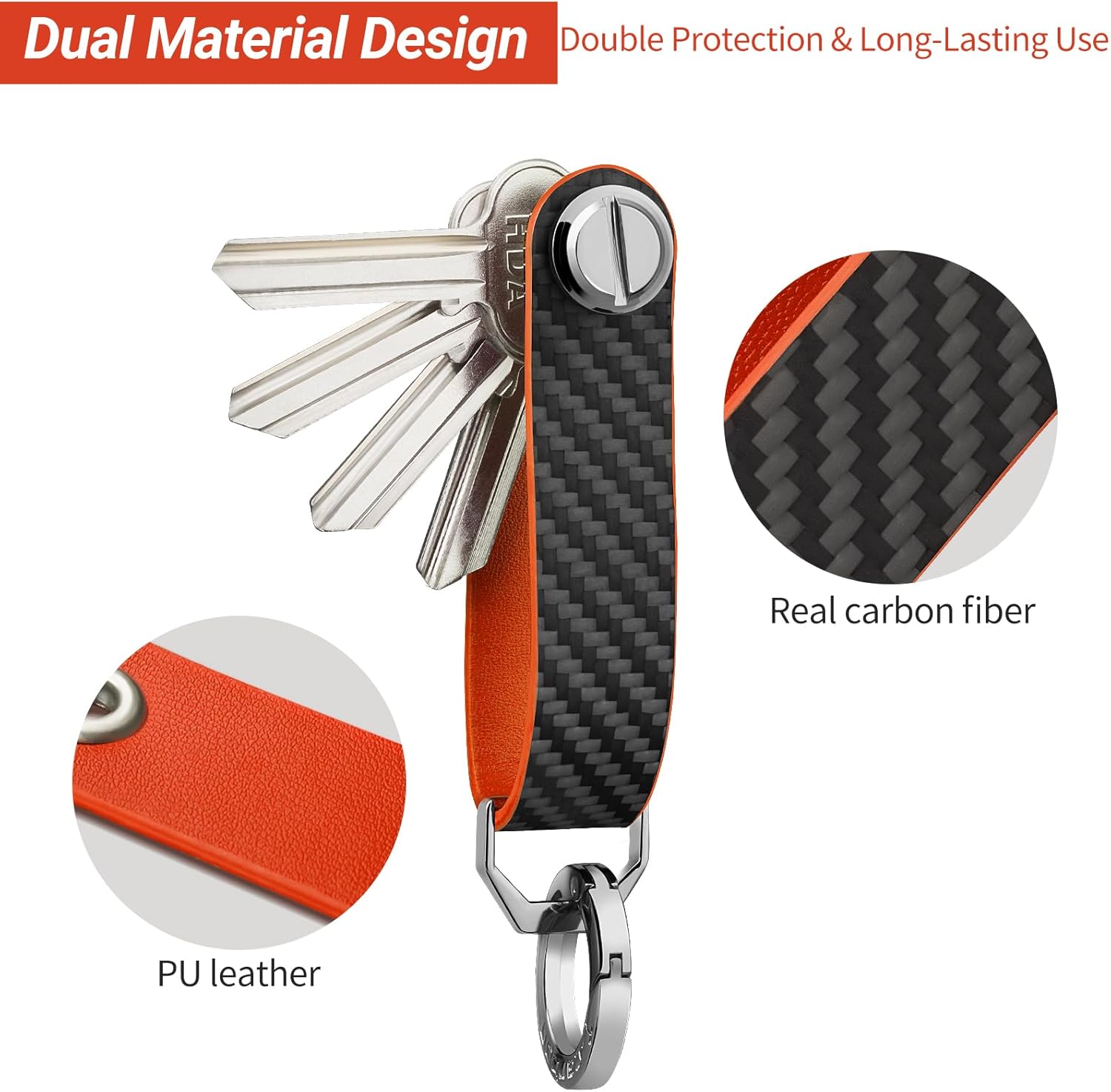 T-carbon Key Organizer, Carbon Fiber Leather Compact Key Holder, Silent Keychain, Expandable Key Case Holds Up to 8 Keys