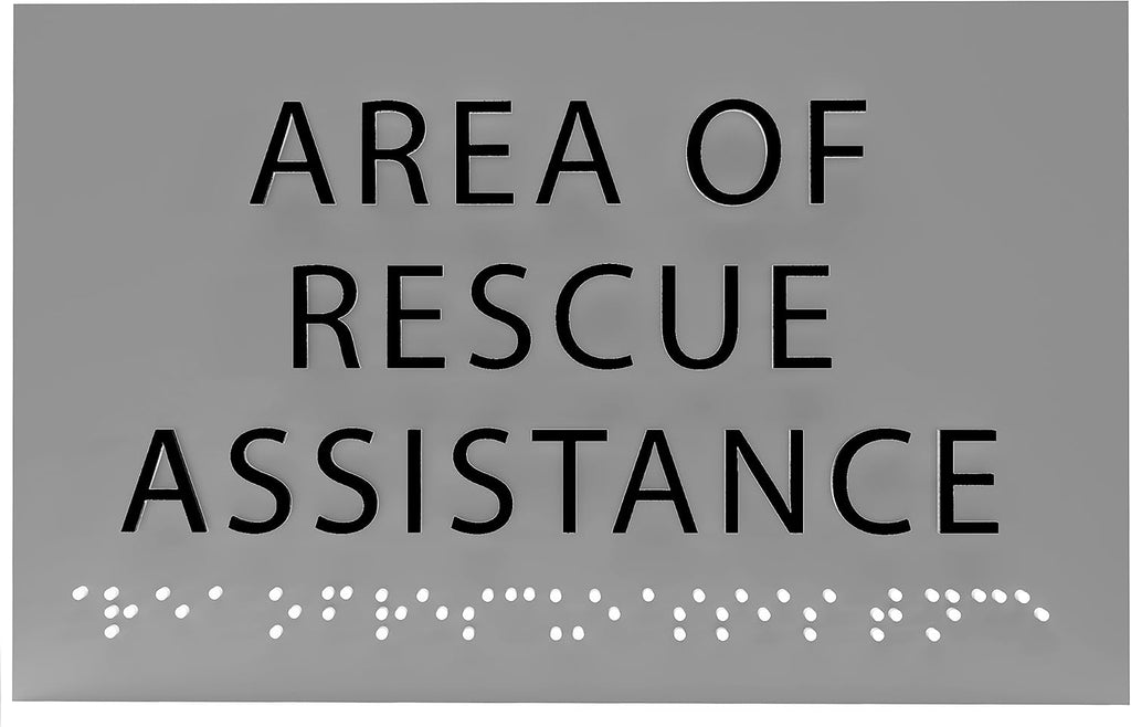 Area of Rescue Assistance Sign - ADA compliant sign. 6"x4" sign made from durable plastic with raised lettering and Braille. Designed to meet ADA (Americans with Disabilities Act) regulations.