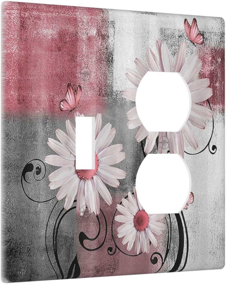 Wallplates Pink Floral Rustic Daisy Flower And Butterfly 1 Toggle 1 Duplex Switch Plate Electrical GFCI Faceplate Decorative Light Switch Covers for Farmhouse Cabin Decor