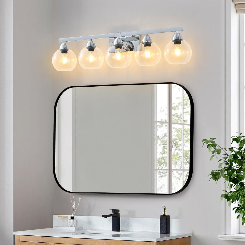 5-Light Bathroom Light Fixtures, Silver Vanity Light with Ultra-Clear Hand-Blown Glass, Durable & Elegant, Wall Lamp for Mirror, Bedroom, Kitchen