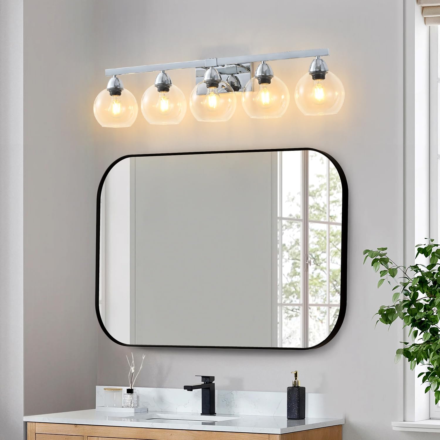 5-Light Bathroom Light Fixtures, Silver Vanity Light with Ultra-Clear Hand-Blown Glass, Durable & Elegant, Wall Lamp for Mirror, Bedroom, Kitchen