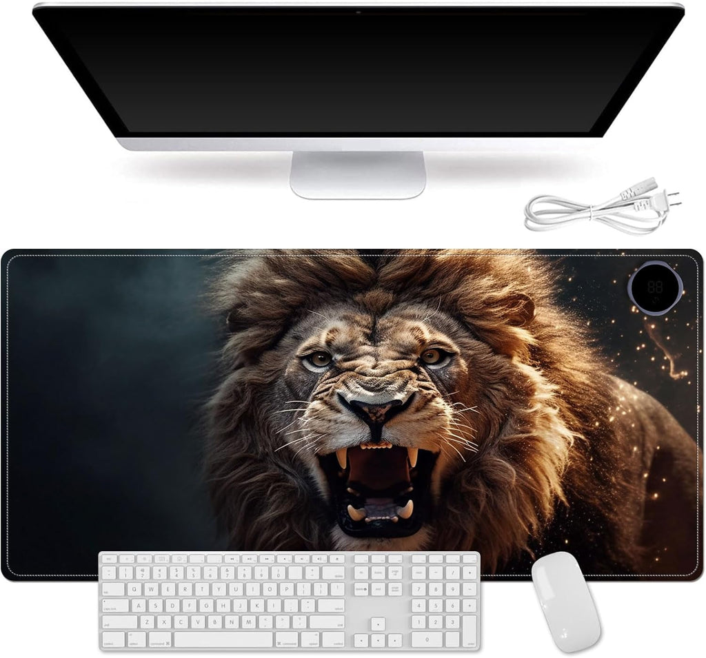 Small Heated Desk Pad 23.6" x 14.2" – Compact Electric Mouse Pad with 3 Heating Levels, Auto Shut-Off, Waterproof PU Surface, Plug-in Warmer for Office or Home Use, Roaring Lion