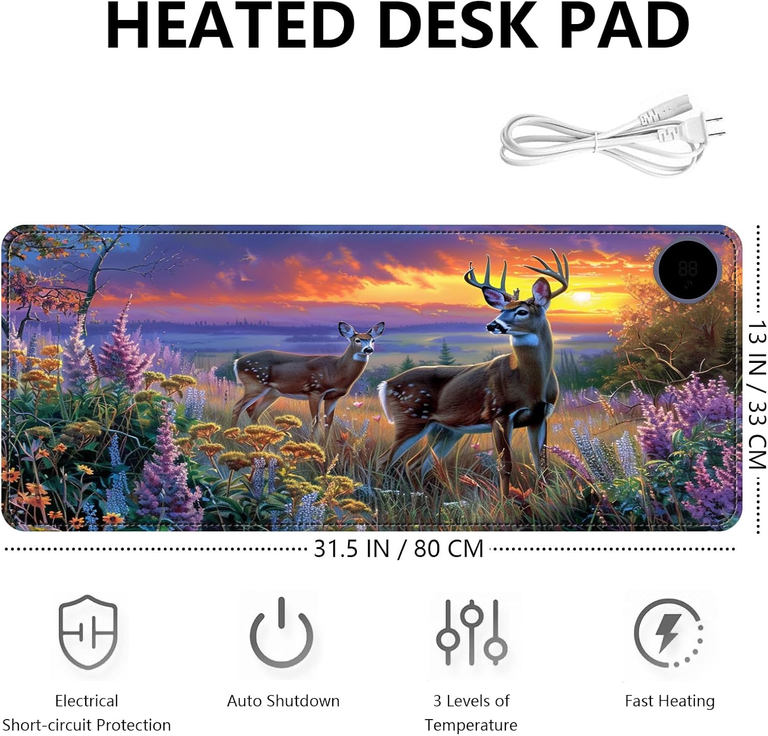Heated Mouse Pad with 3 Levels Heated & 3 Hours Auto Shut-Off Mouse Pad for Warming Hands in Office Home, 31.5" x 13"Large Safe Desk Mat Hand Warmer，Elk Lavender