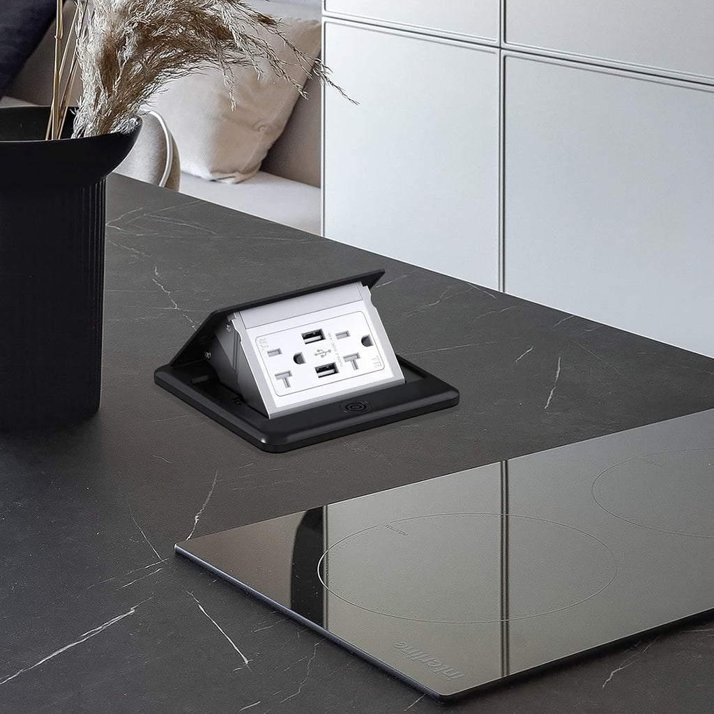 KYHSHJ 4.8A USB Chargers Pop Up Floor Waterproof Electrical Outlet Receptacle Stainless Steel Box,Black