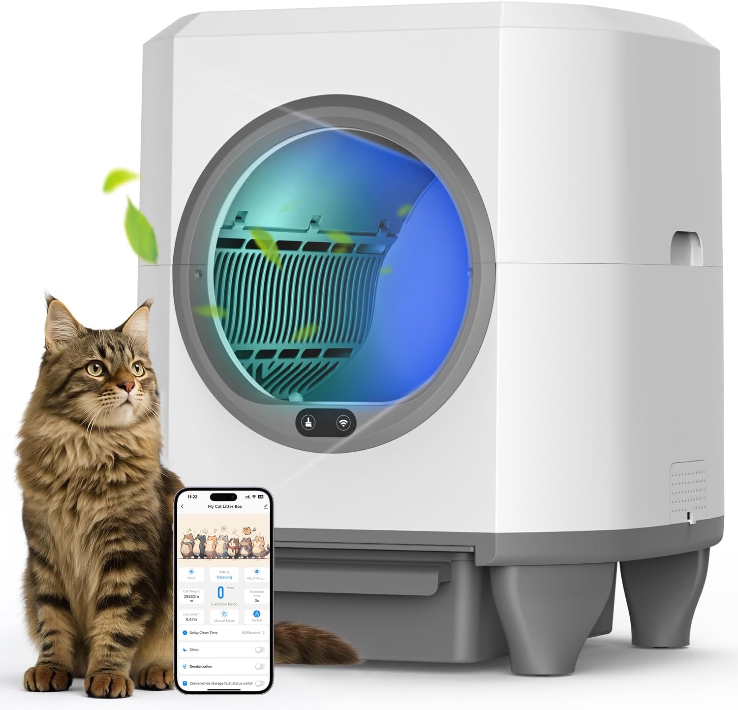 OROLEY Self Cleaning Litter Box, Large Capacity Automatic Cat Litter Box with APP Control, Safety Sensors, Built-in Deodorizing Scent Box, and 1 Roll Garbage Bags ，White