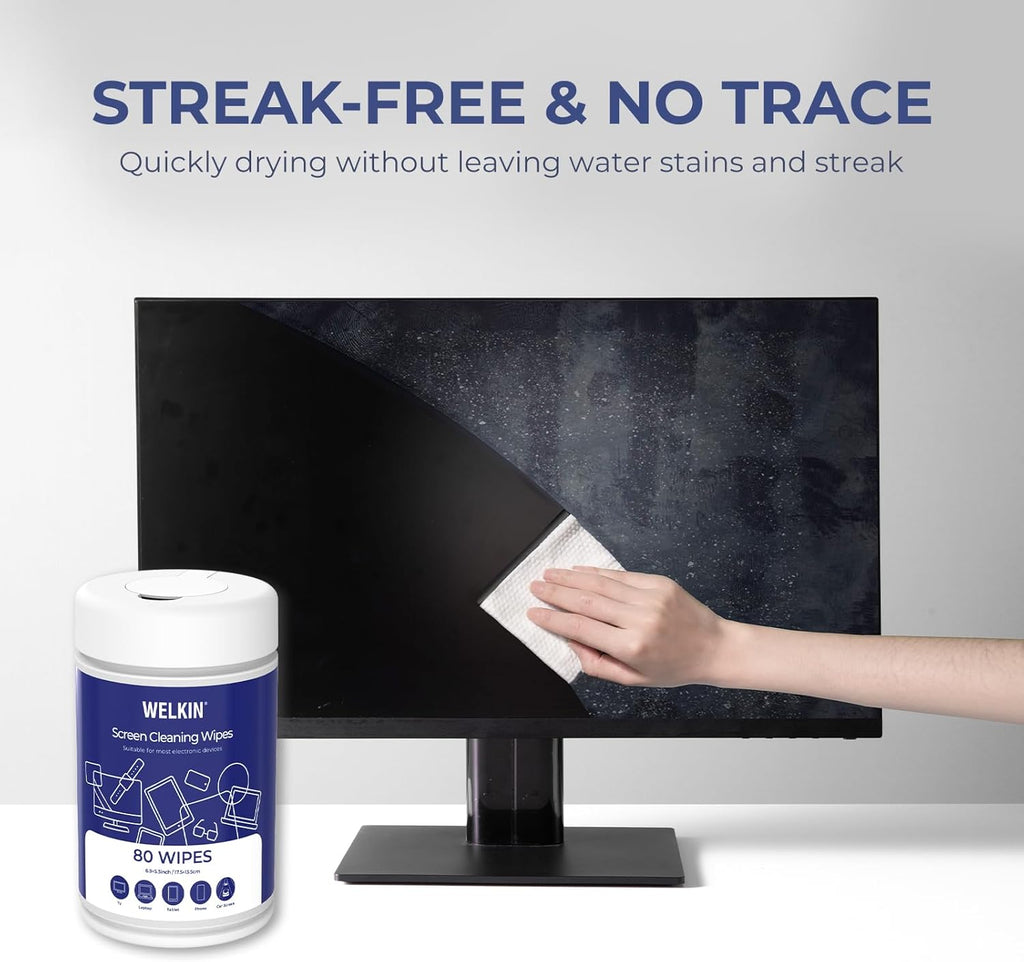 WELKIN 80 Electronics Cleaning Wipes - Non Toxic Screen Cleaner, Streak Free Touchscreen Cleaning for All Phones, Laptop, Computer, TV and Car，1 X Microfiber Cloth Included