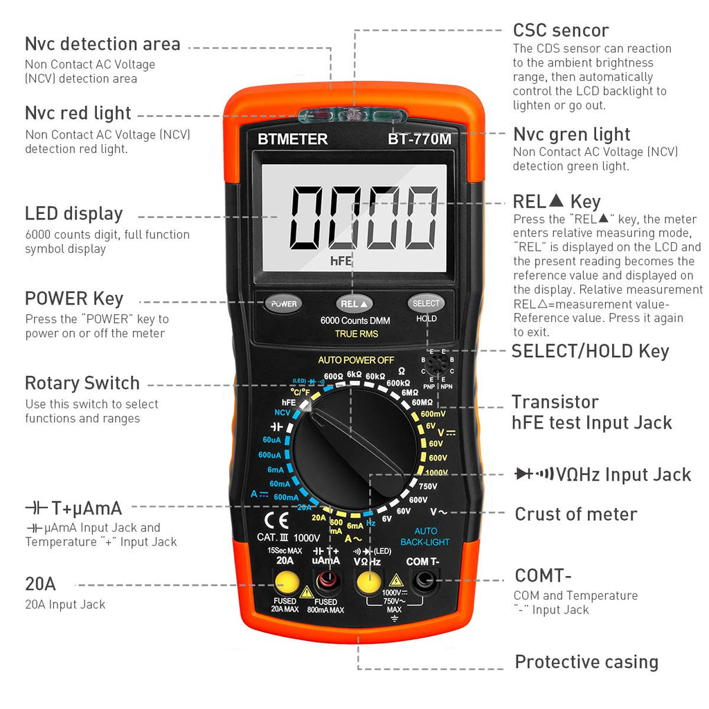 Digital Multimeter TRMS 6000 Count, BTMETER BT-770M Auto/Manual Ranging DMM Electrical Meter Tester for AC/DC Amp, AC/DC Volt, Ohm Capacitance Frequency Continuity Temperature NCV, Auto Backlight