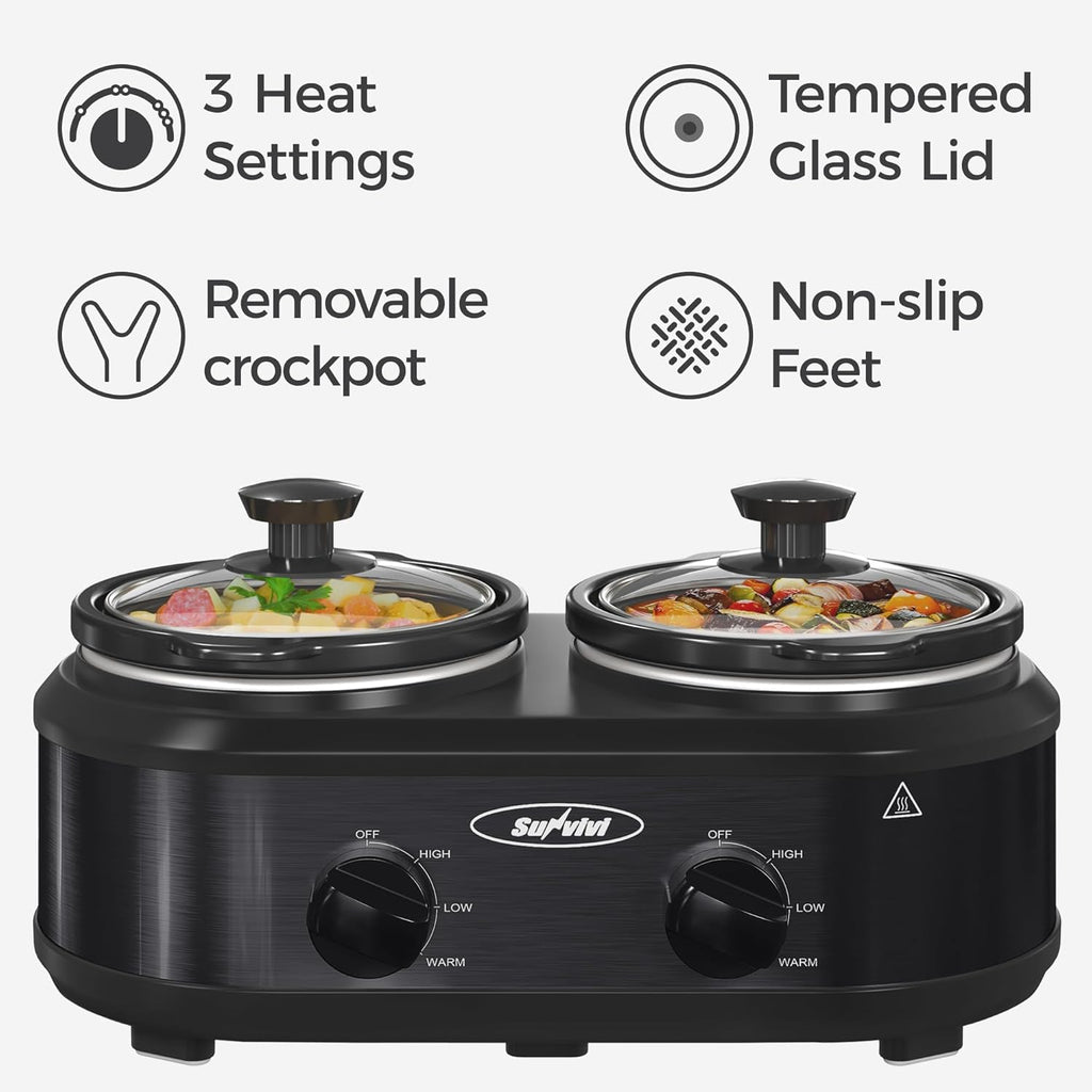 2 * 1.25 Quarts Dual Slow Cooker, Buffet Server & Warmer with 2 Removable Ceramic Pots, 3 Adjustable Temp Settings & 2 Visible Glass Lids, Stainless Steel, Black