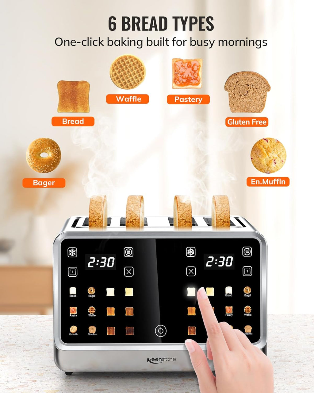 Toaster 4 Slice with TouchScreen, Memory Function & Single-Slot Focus, Keenstone 1800W Smart Digital Toaster for Ultimate Control, Wide Slot to Reheat & Defrost Bagels, Bread, Waffles, Stainless Steel