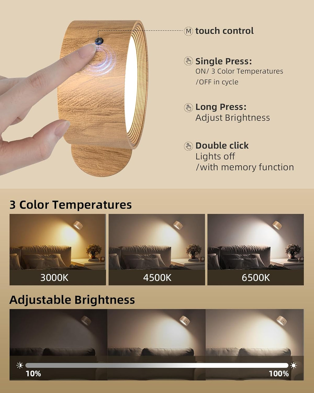 LED Wall Mounted Lights, Rechargeable Wall Sconces Lamp, 3 Color Temps & Remote and Touch, 360°Rotation Dimmable Cordless Wall Light for Study Bedroom Reading Bedside(Wood, 1 Pack)