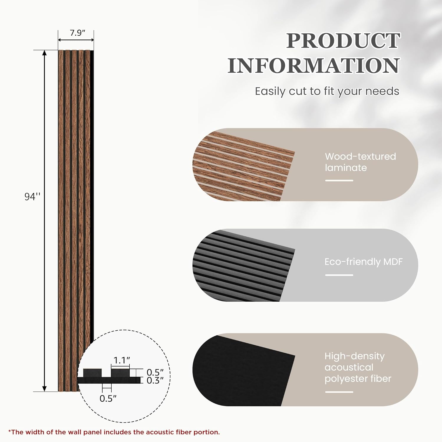 Wood Salt Acoustic Wall Panels, 6 Piece 94" x 7.9" x 0.8" Soundproof Wooden Wall Panels, 3D Fluted Sound Absorbing Panel, Red Oak