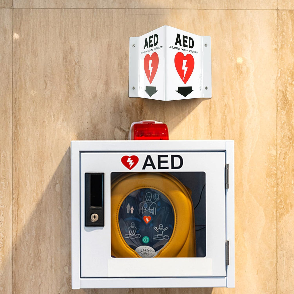 Faittoo AED Sign, AED with Down Arrow - 3 Pack 6 x 8 Inches V-Shaped Acrylic Plastic, 4 Pre-Drilled Holes, Includes Matching Screws, Use for Home Office/Business