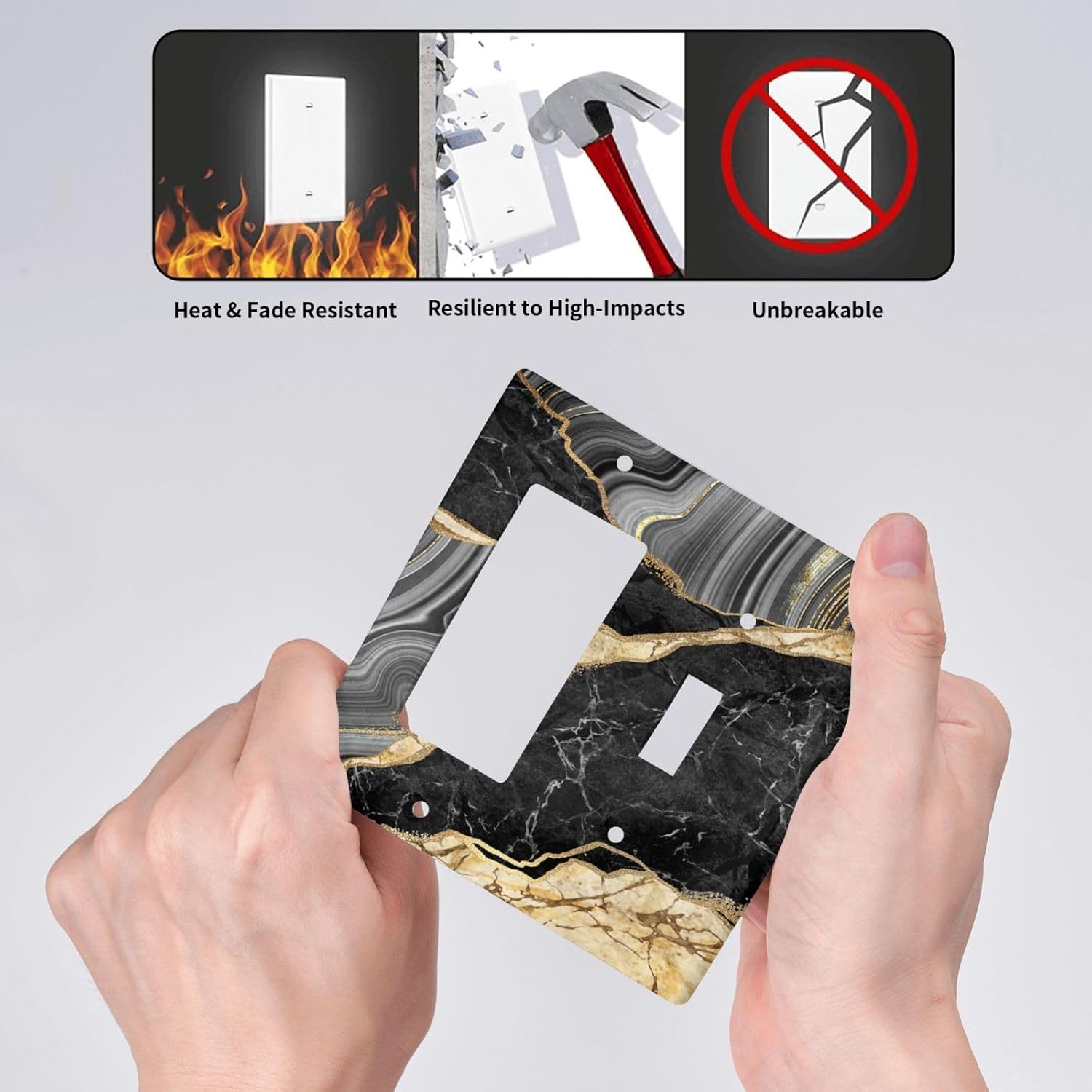 Decorative Outlet Covers Modern Abstract Black Gold Marble 2 Gang Wall Plate Single Toggle 1 Rocker Light Switch Cover Switch Plate Covers for Bathroom Kitchen Home Decor