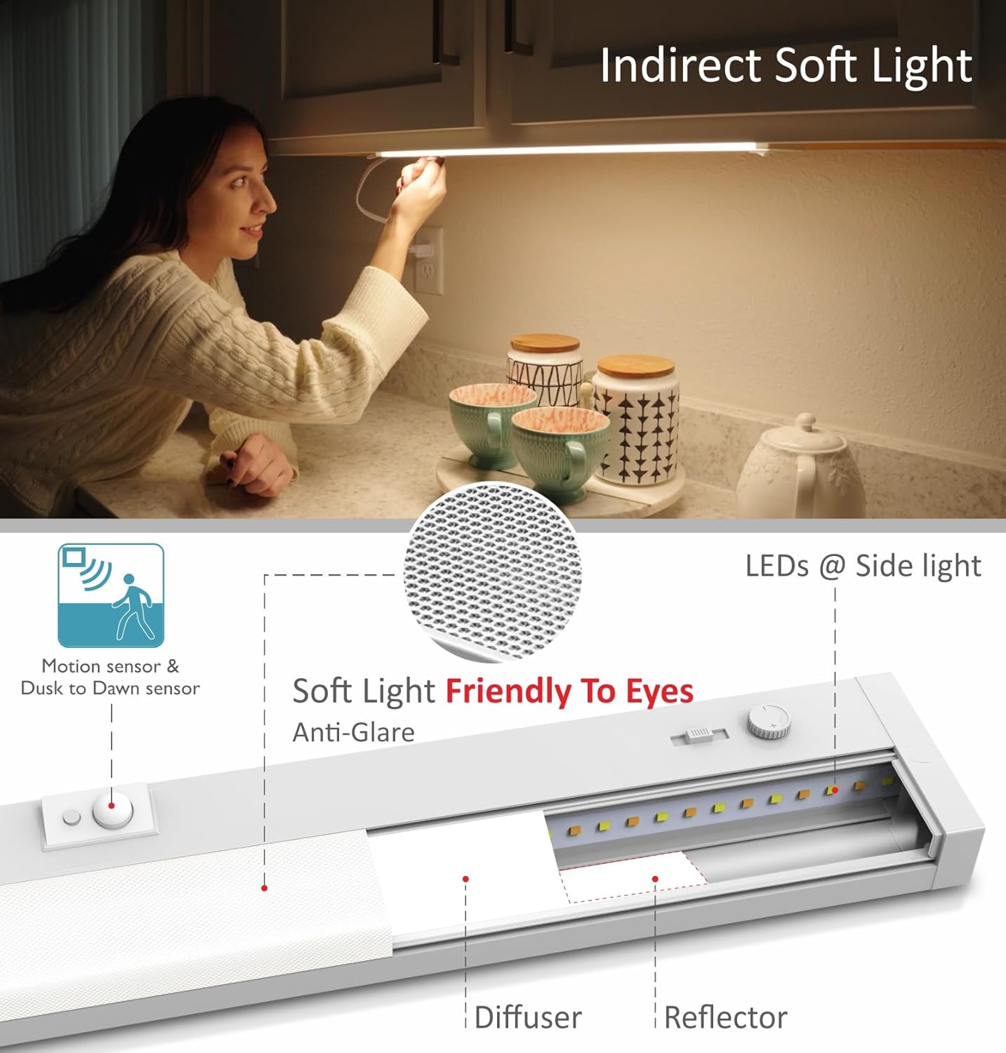 LED Under Cabinet Lighting Motion Sensored Hardwired with Built-in Dimmer, 32 Inch 16W Dimmable 5 Color 2700/3000/3500/4000/5000K, Linkable Eyes Care for Kitchen, Counter, ETL Listed, White