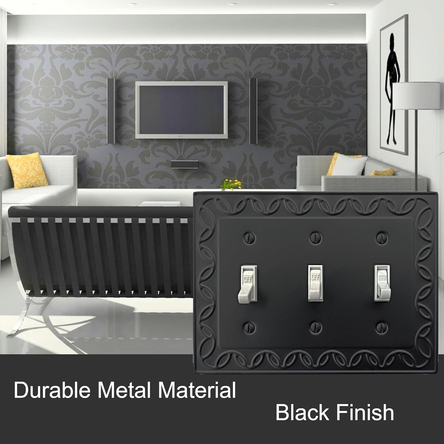 Triple Toggle Light Switch Cover NovaBloom Metal Wall Plate, 2-Pack Black 3 Gang, Light Switch Cover Decorative Wallplate, Durable