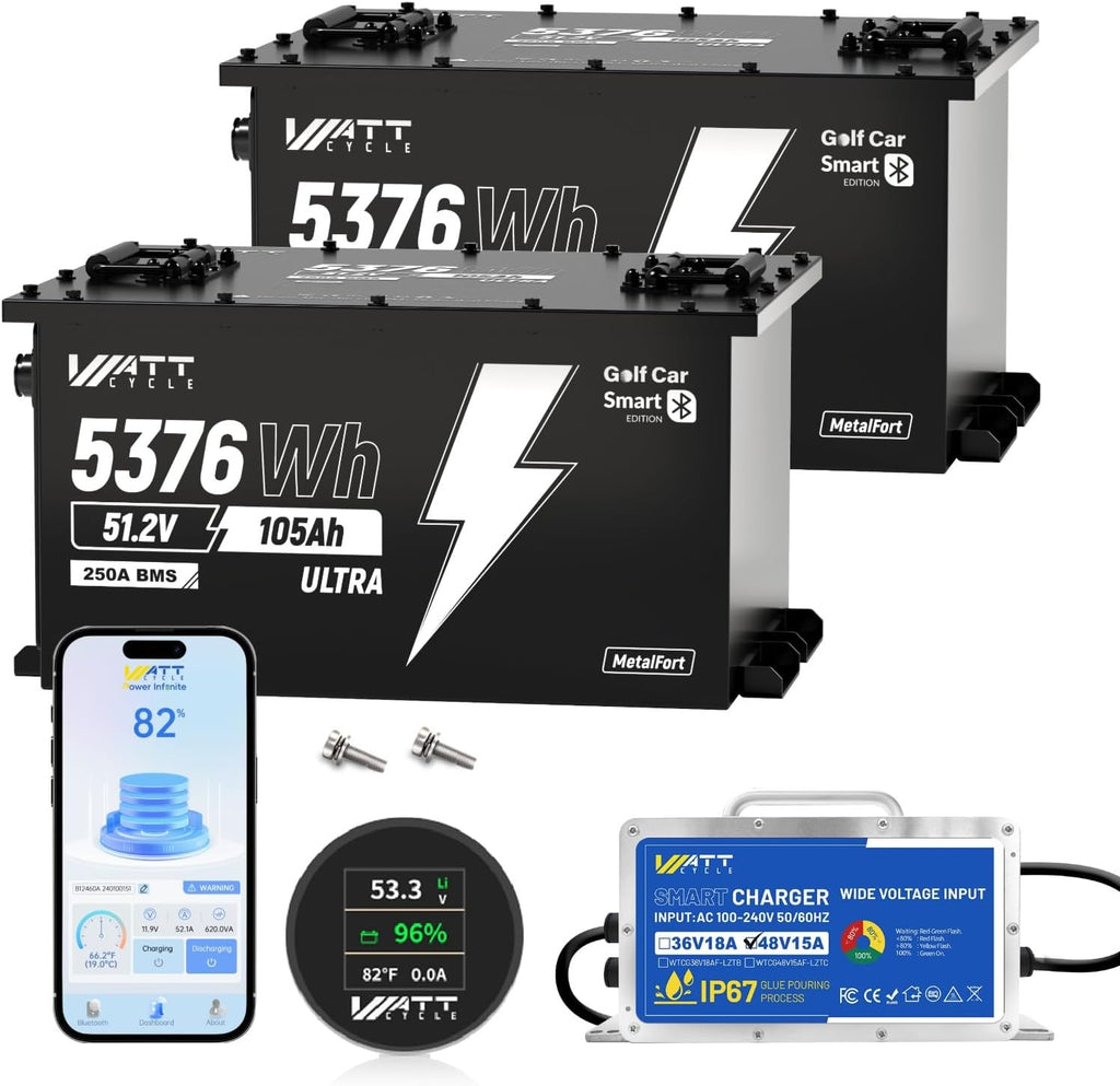 WattCycle 48V 105Ah Golf Cart Batteries 2 Pack, 48V Lithium Battery 250A BMS with 15A Charger, LiFePO4 Battery 15000+ Deep Cycles, IP65 Waterproof Marine Batteries, Built-in Bluetooth, Perfect for RV