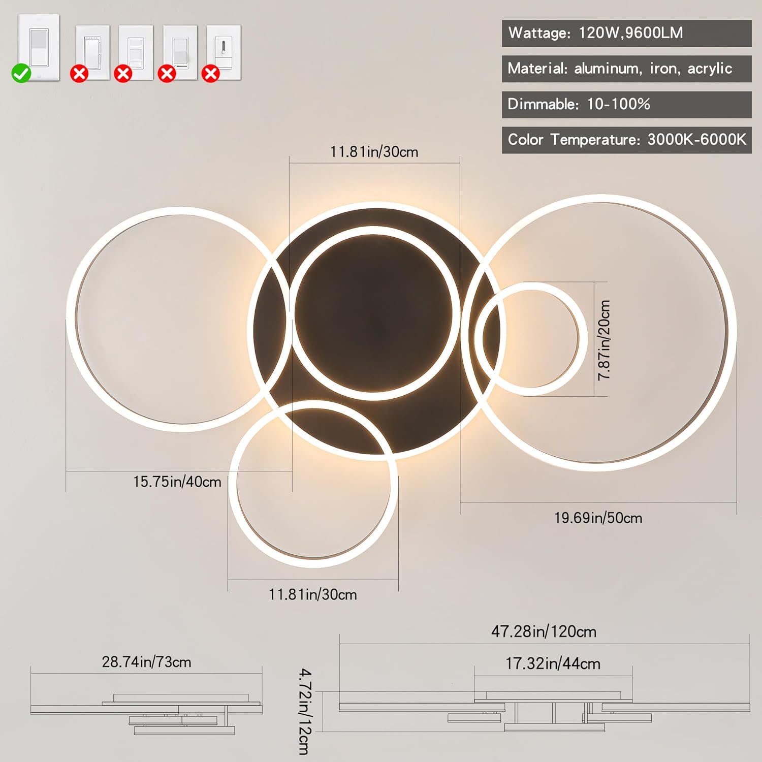 O'NEELDY Black Flush Mount Ceiling Light Dimmable Dining Room Light Fixture Round 6 Rings Modern LED Ceiling Light with Remote Control 47" Kitchen Lighting Fixture Ceiling Lamp for Living Room,Bedroom