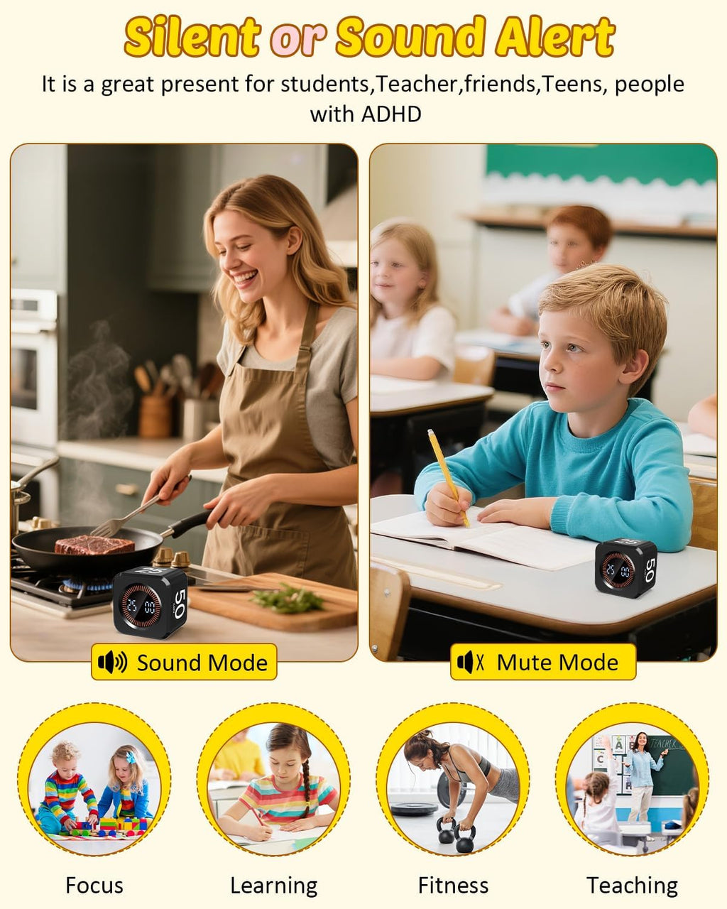Pomodoro Timer Cube Visual Productivity Flip Timer for Kids Classroom Desk, 5/10/25/50min&Custom Countdown, Silent&Sound Mode Digital Cube for ADHD Study Work School Game Kitchen (Black)