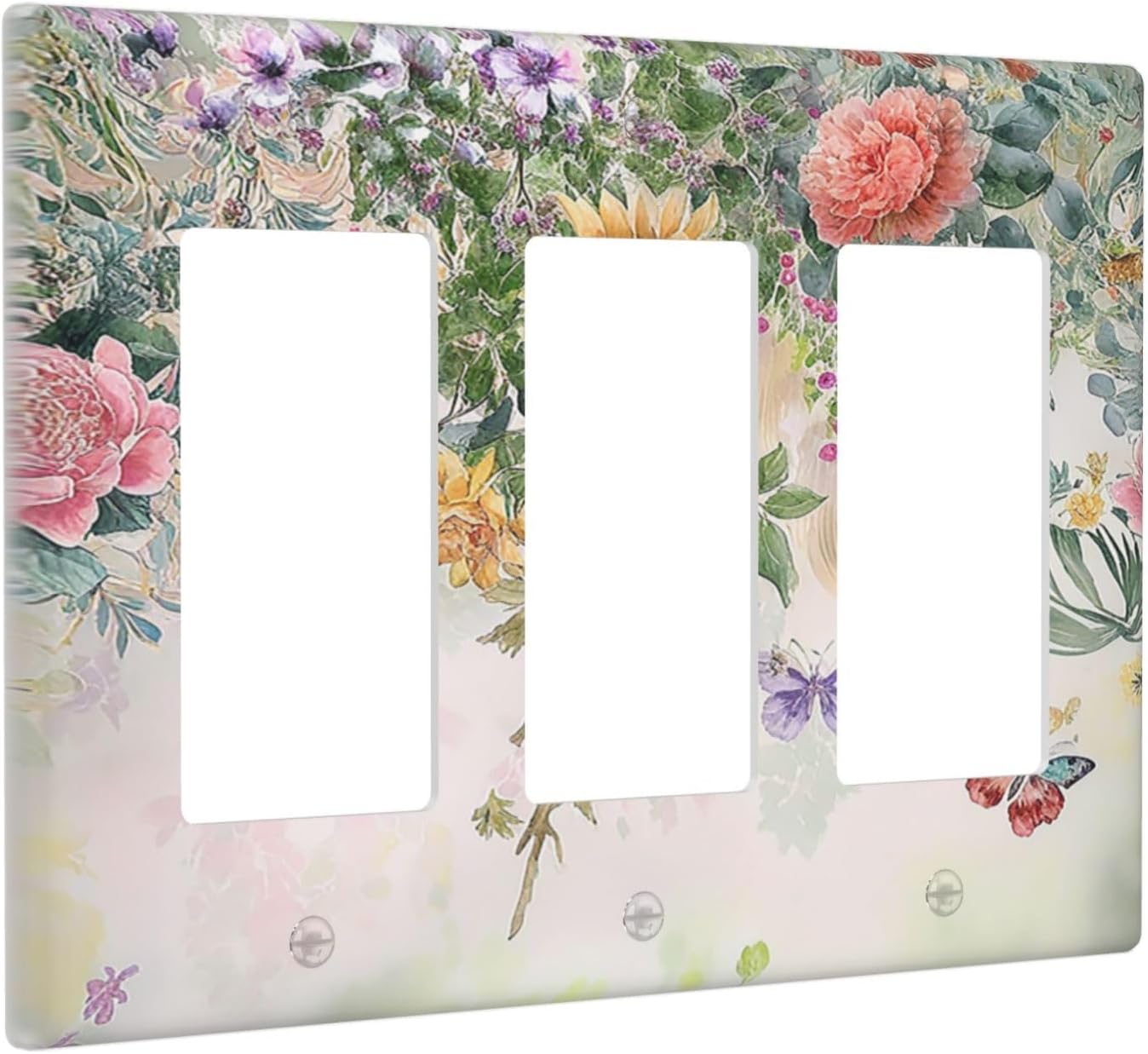 Rustic Floral Watercolor Flower Blossom Butterfly Triple Rocker Light Switch Covers 3 Gang Outlet Cover Wall Plates Decorative Switch Plates Electrical GFCI Faceplate Switchplate 4.49 X 6.38 IN