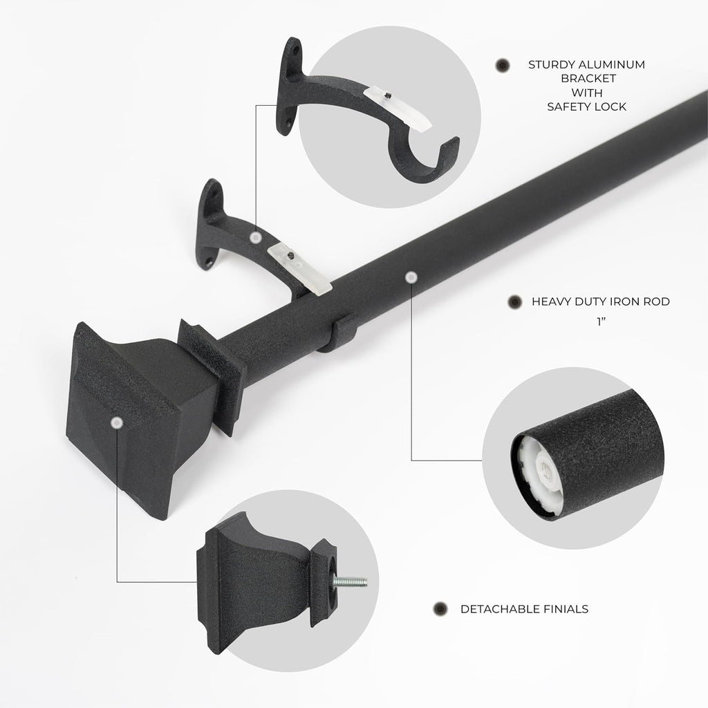 Deco Window Adjustable Curtain Rod for Windows 18 to 44 Inch (Pack of 1) Extendable Heavy Duty 1 Inch Iron Drapery Pole with Finials Wall Mounted French Door Curtain Rods (Black)