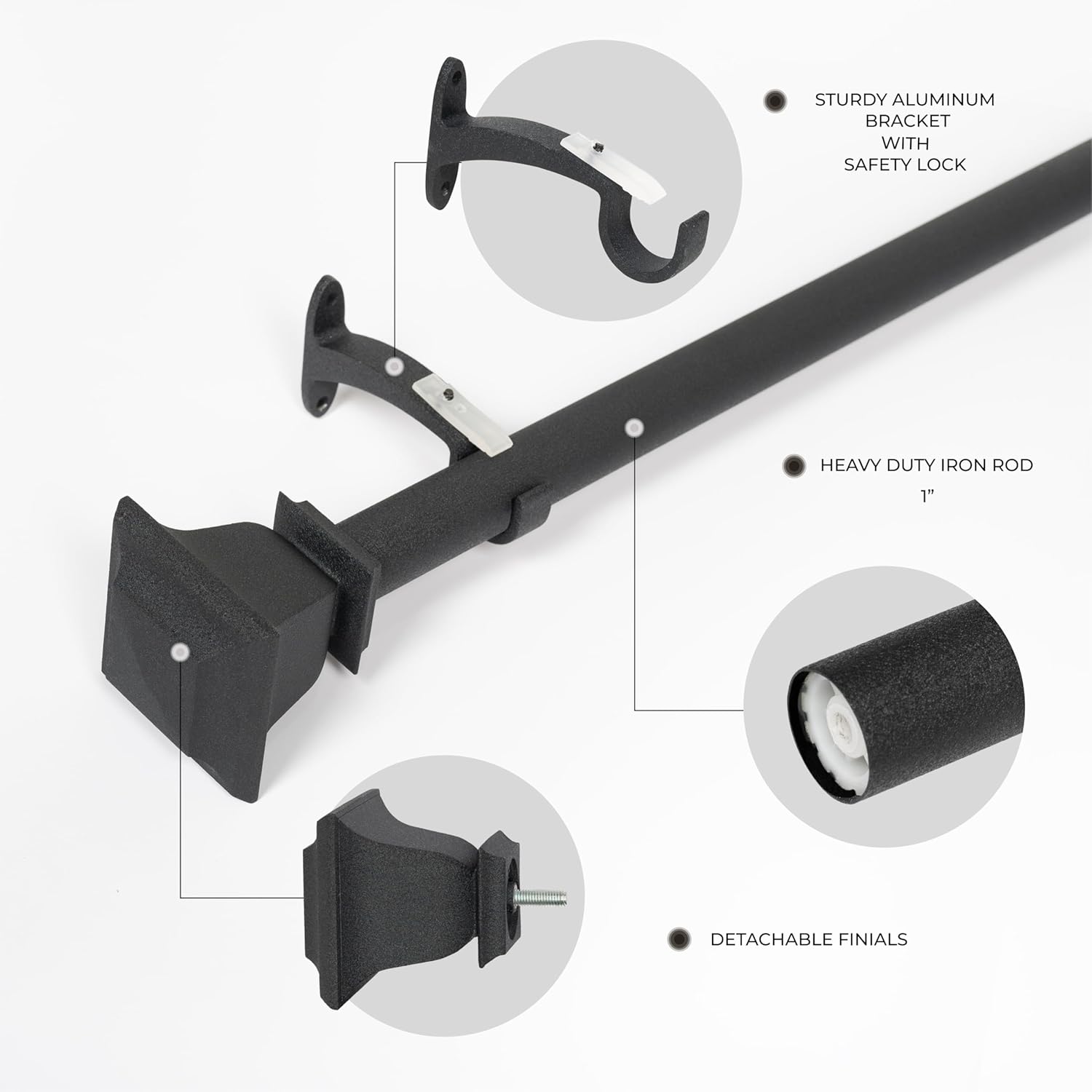 Deco Window Adjustable Curtain Rod for Windows 18 to 44 Inch (Pack of 1) Extendable Heavy Duty 1 Inch Iron Drapery Pole with Finials Wall Mounted French Door Curtain Rods (Black)