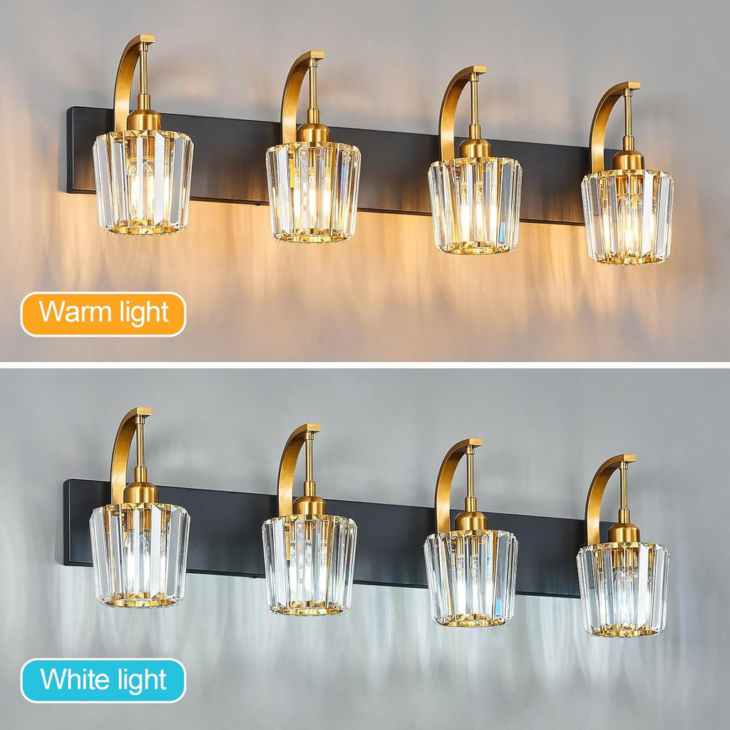 Modern Bathroom Vanity Light, 4-Light Black Gold Wall Sconce with Crystal Accents, Over Mirror Bathroom Lighting Fixture, 32.67" Long Dimmable Vanity Lamp for Makeup, Easy Installation