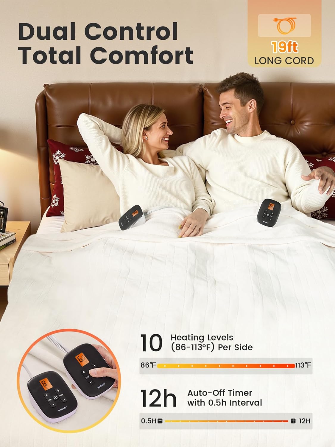 WOOMER Heated Blanket Queen Size 84" x 90", Electric Blanket with 0.5-12 Hours Timer & 10 Heating Levels, ETL Certified, White Double-Sided Velvet, Machine Washable