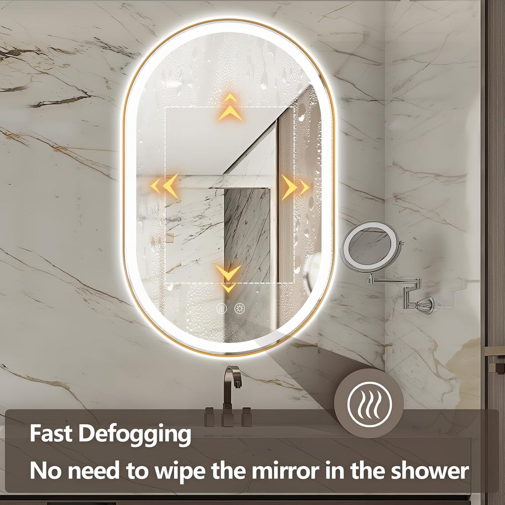 Niccy Oval LED Mirror for Bathroom, 48x30 Front Lit + Backlit Vanity Mirrors with Light Anti-Fog, Shatter-Proof, 3 Colors, Makeup Mirror with Gold Frame (Horizontal/Vertical)
