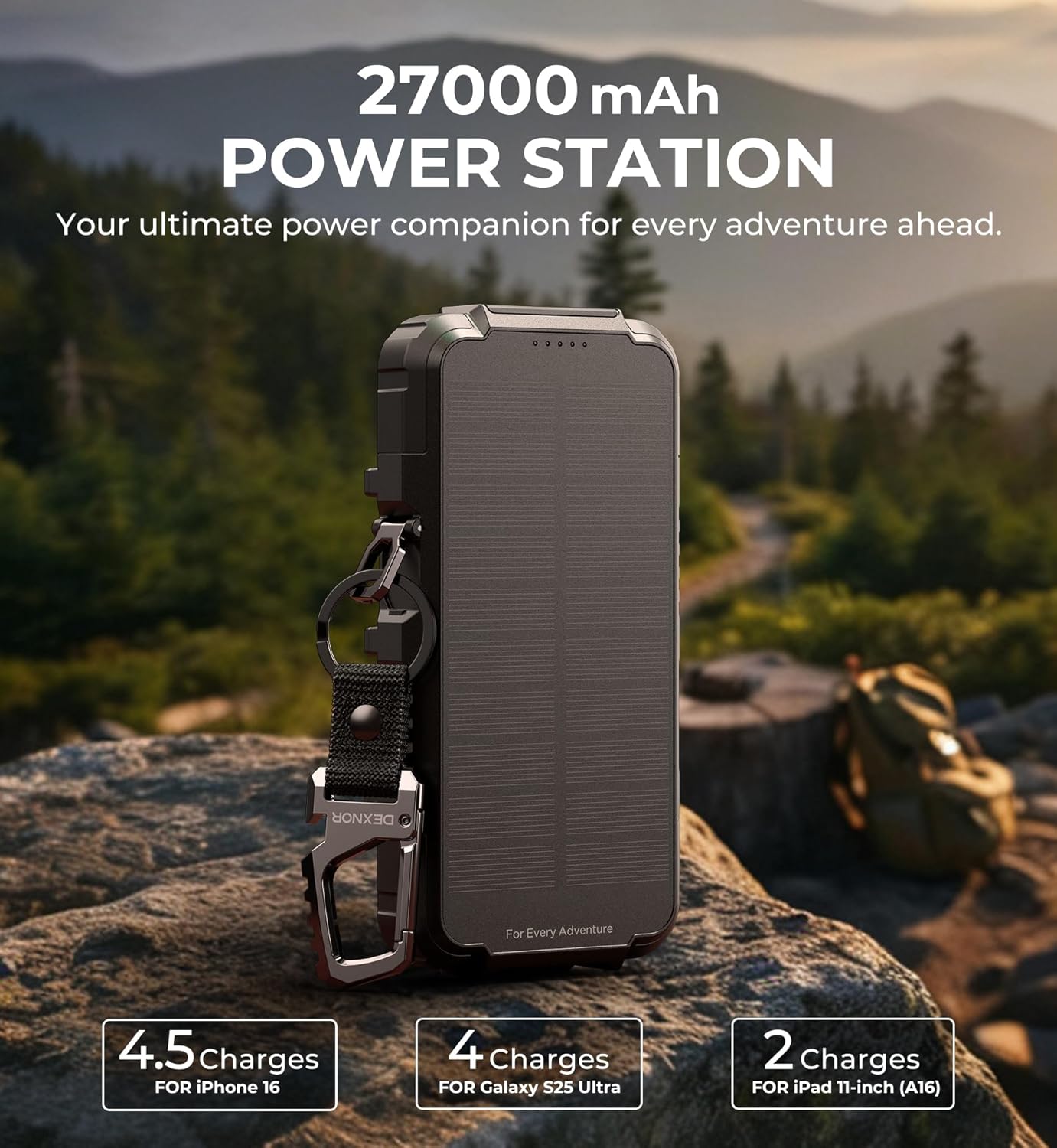Dexnor Solar Charger Power Bank 27,000mAh, 65W PD3.0 & QC3.0 Fast Charging Powerbank External Battery Pack Portable Wireless Chargers with Flashlight and Carabiner, Compatible with MagSafe & Qi