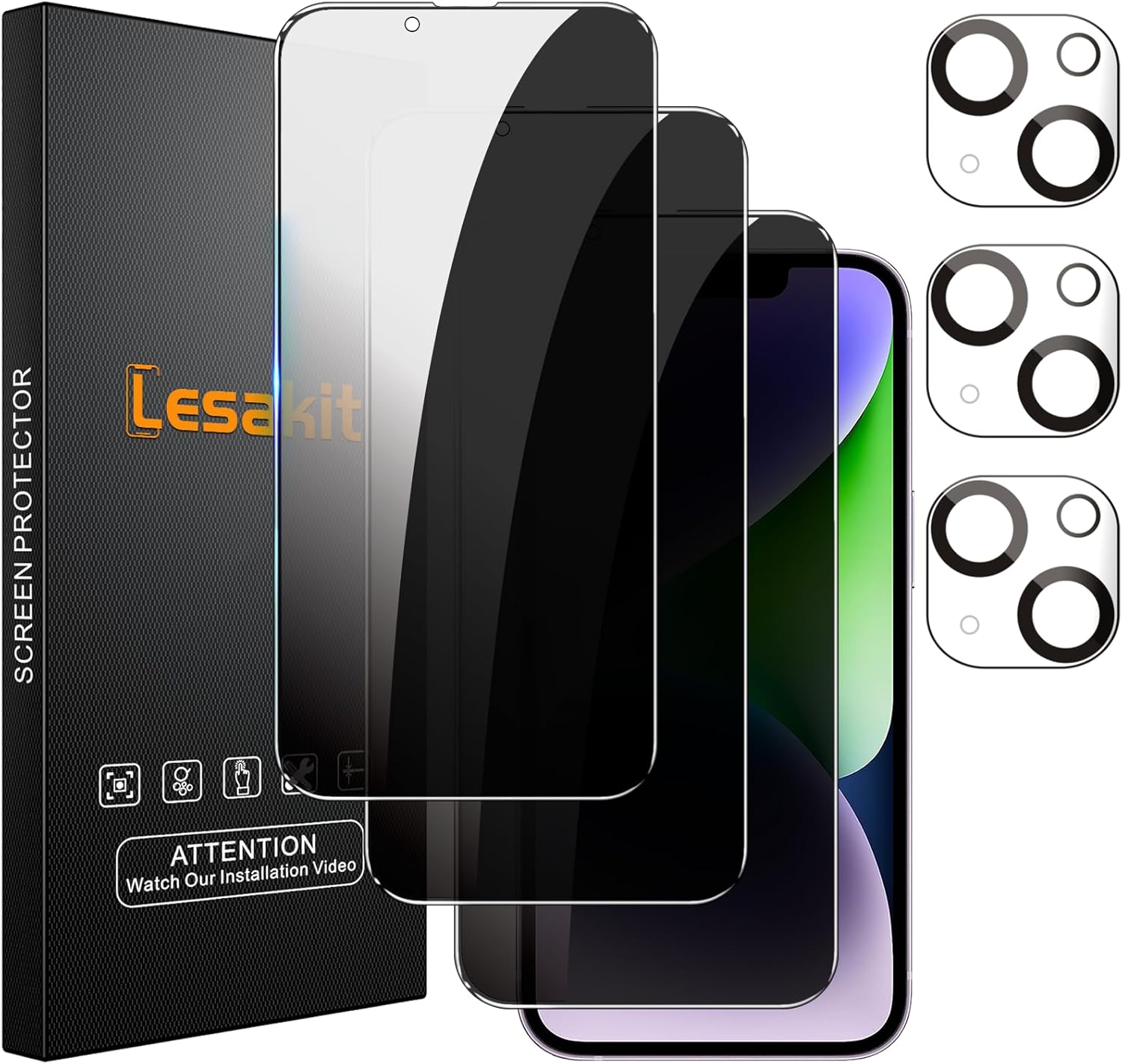 3+3 Pack Privacy Screen Protector for iPhone 14 Plus 6.7-Inch with 3 Pack Camera Lens Protector, Anti Spy Tempered Glass Film 9H Hardness Bubble Free Case Friendly