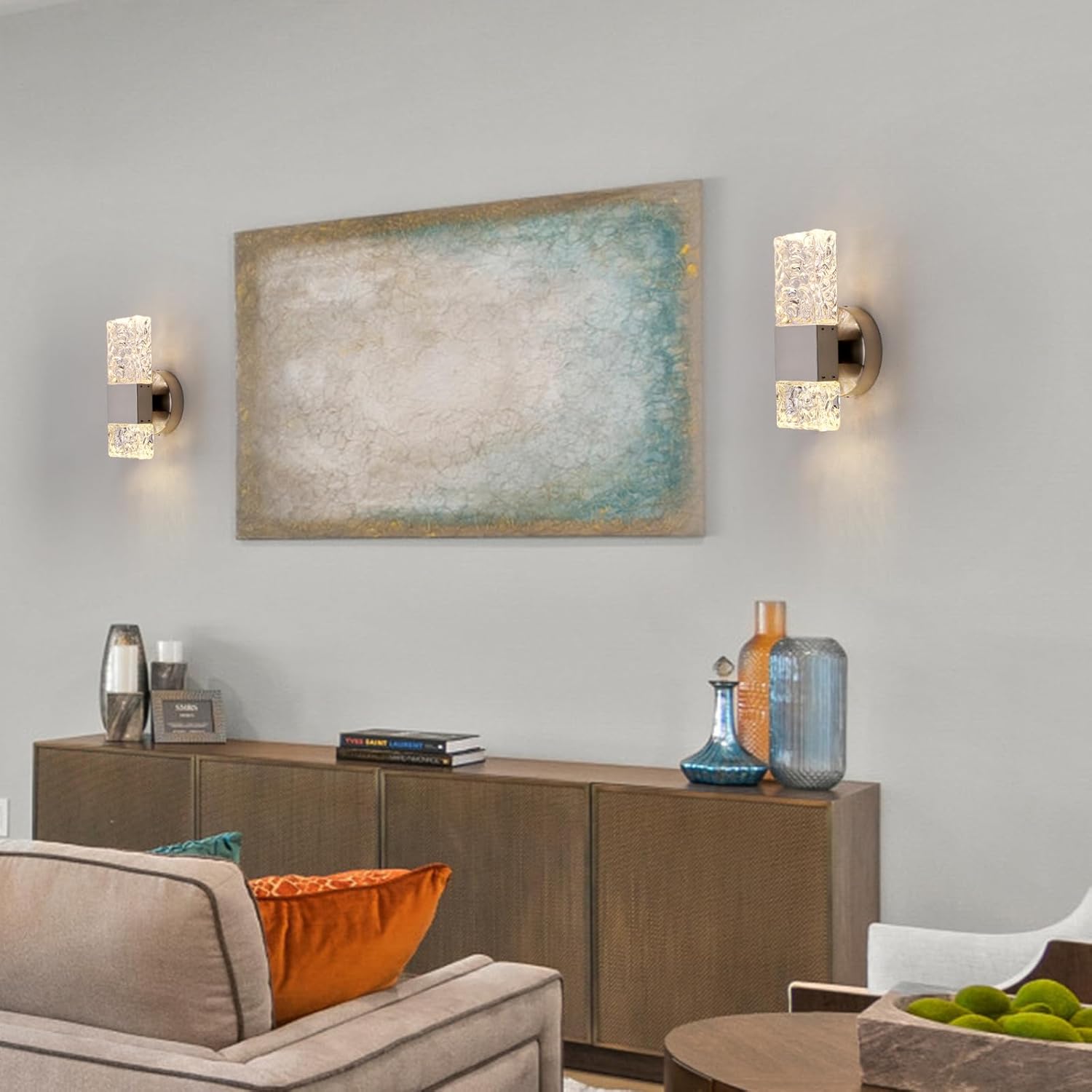 HuisMier Brushed Nickel Crystal Wall Sconce, Modern Dimmable LED Wall Light Fixtures with Remote, K9 Elegant Crystal Vanity Wall Lighting for Bathroom Bedroom Stairway Hallway, Hardwired 3000K-6000K