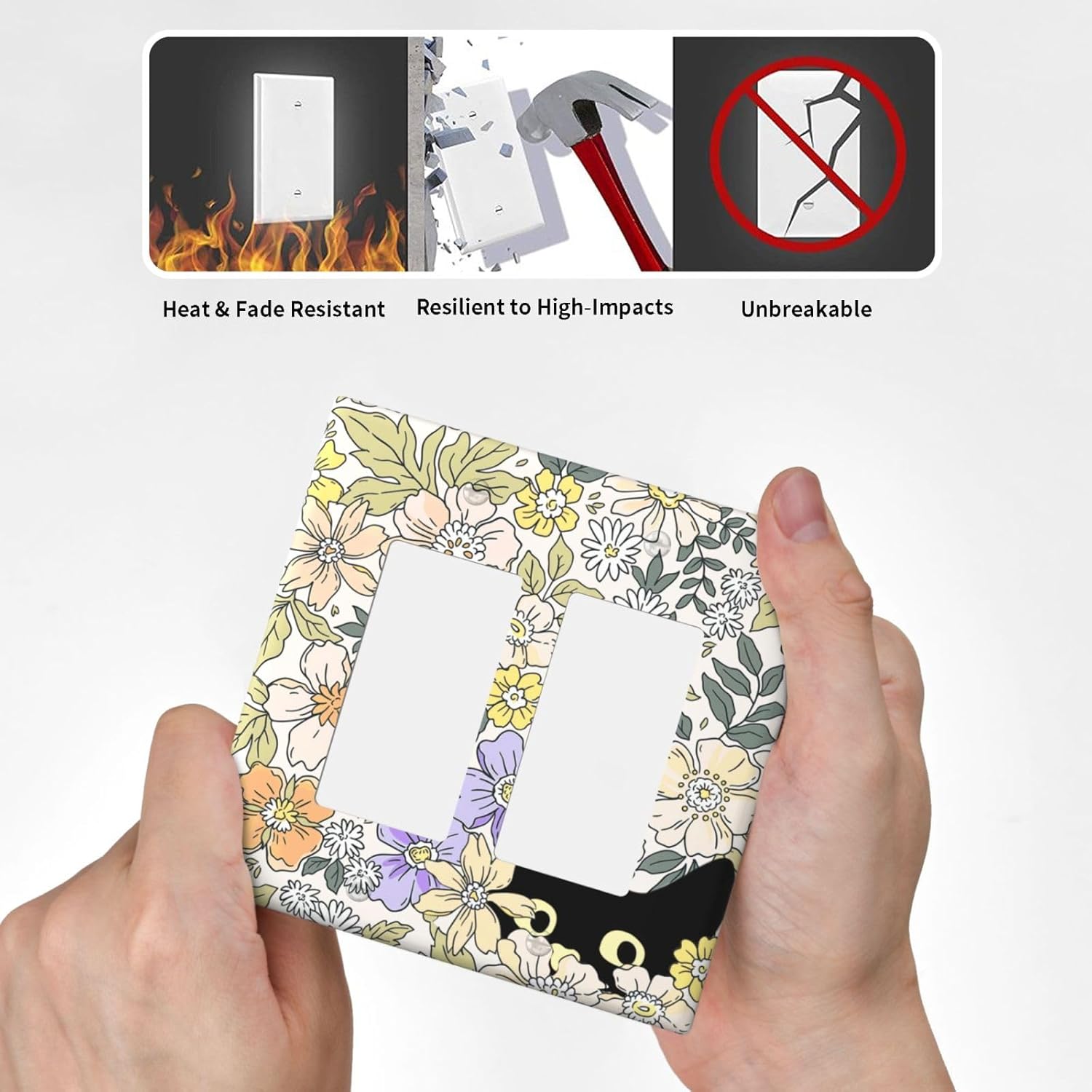 Decorative Outlet Covers Cute Black Cat in a Flower Patch Botanical Garden 2 Gang Wall Plate Double Rocker Light Switch Cover Double Switch Plate Cover for Home Decor （2 Pack）