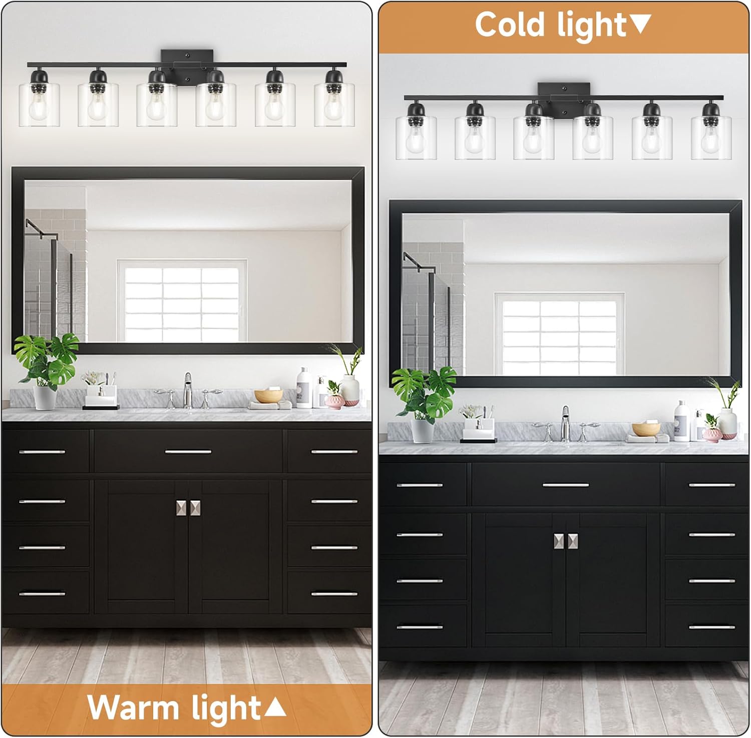 Bath Vanity Lights For Mirror, Restroom Lights Fixtures With Milky White Frosted Glass Shades,Bathroom Over Sink Light Fixtures, Bathroom Light Fixtures Over Mirror (Black with clear glass, 6-Light)