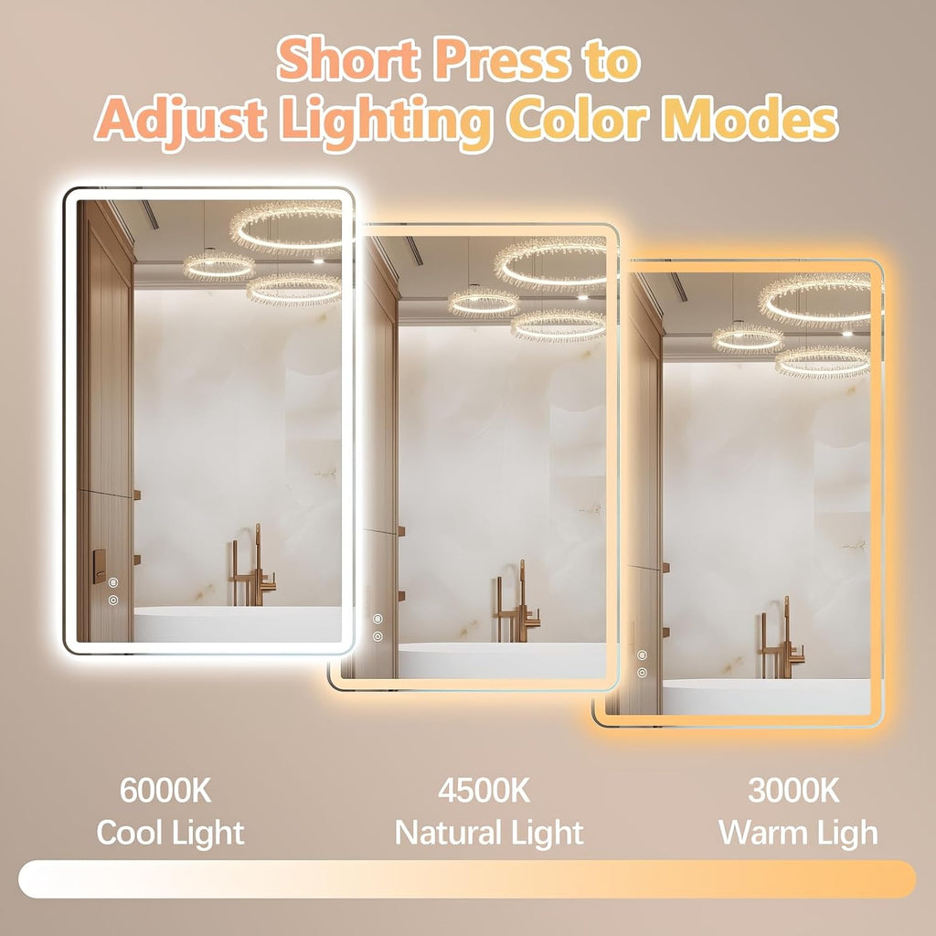 Niccy 24"x36" LED Bathroom Mirror, Rectangle Vanity Mirrors with Lights, Frontlit & Backlit Lighted Vanity Mirror, Memory Funtion, 3 Colors & Stepless Dimmable, Anti-Fog, Horizontal/Vertical