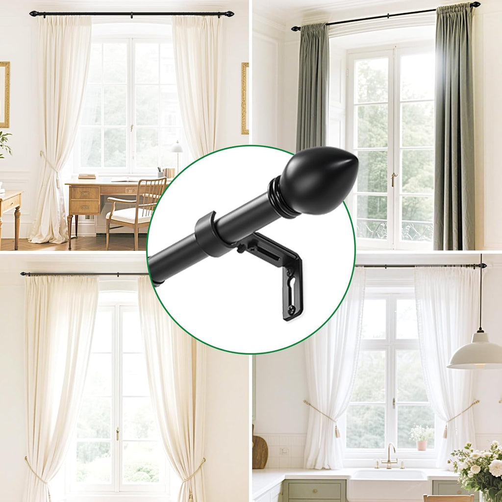 Curtain Rods for Windows 16 to 120 inches, Curtain Rod Max Adjustable Length to 132 in, Drapery Rod 1 inch Diameter with Modern Knobs Finials (Black, 16" to 120" - Set of 2)