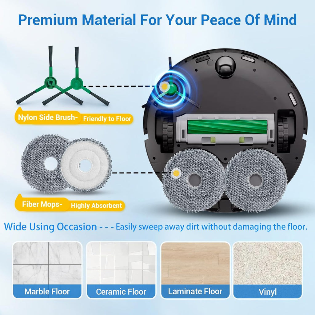 Plus 405 Combo Replacement Parts for Roomba Plus 405 Combo Plus 505/ 507Combo Robot Vacuum Cleaner Parts with 2 Roller Brush, 4 HEAP, 6 Mops, 6 Dust Bags, 6 Side Brushes, 1 Clean Brush