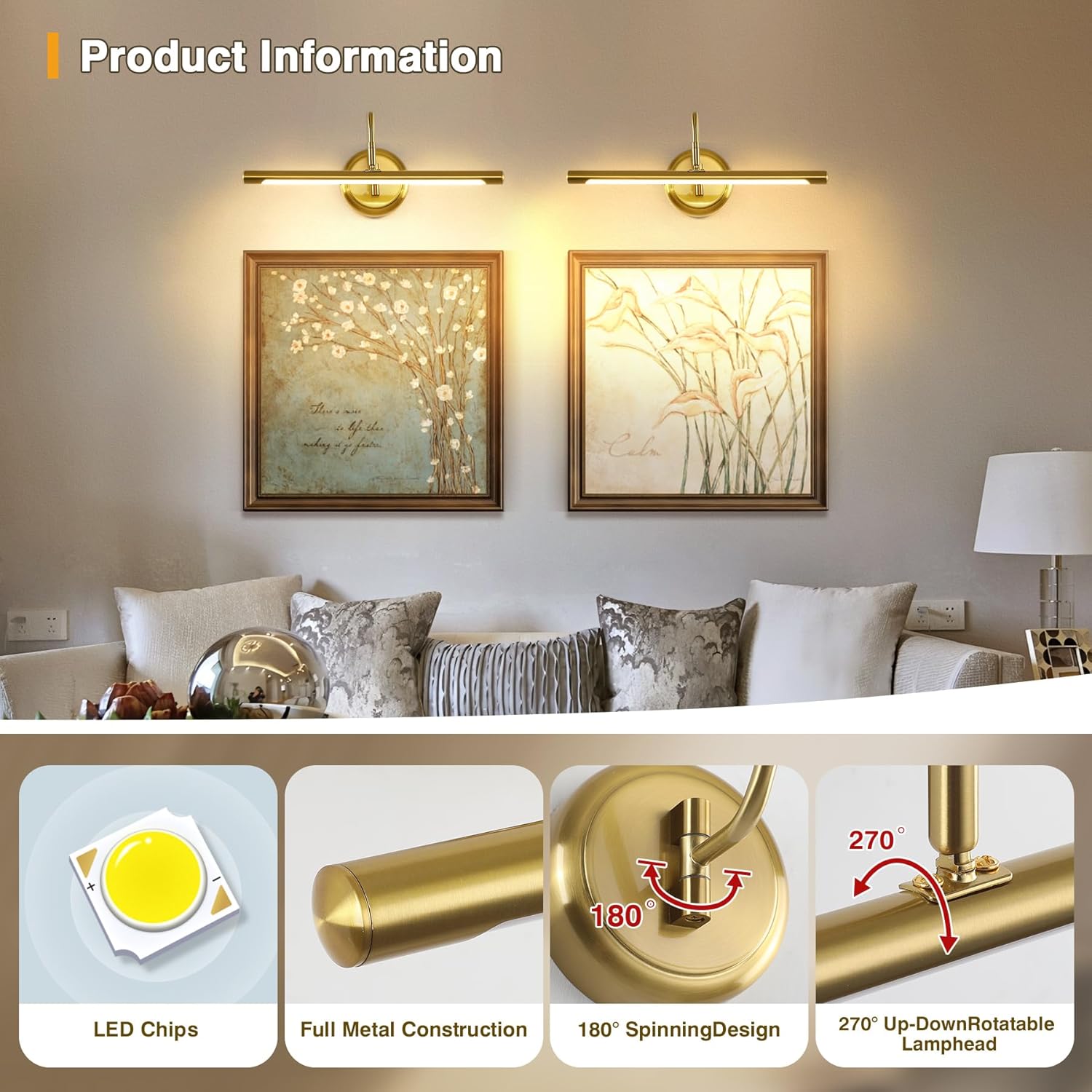 JOOSENLUX Gold Picture Lights for Paintings Hardwired 16.5" Inch Long Dimmable Gallery Wall Lights with Adjustable Lighting Direction 110V 3000K