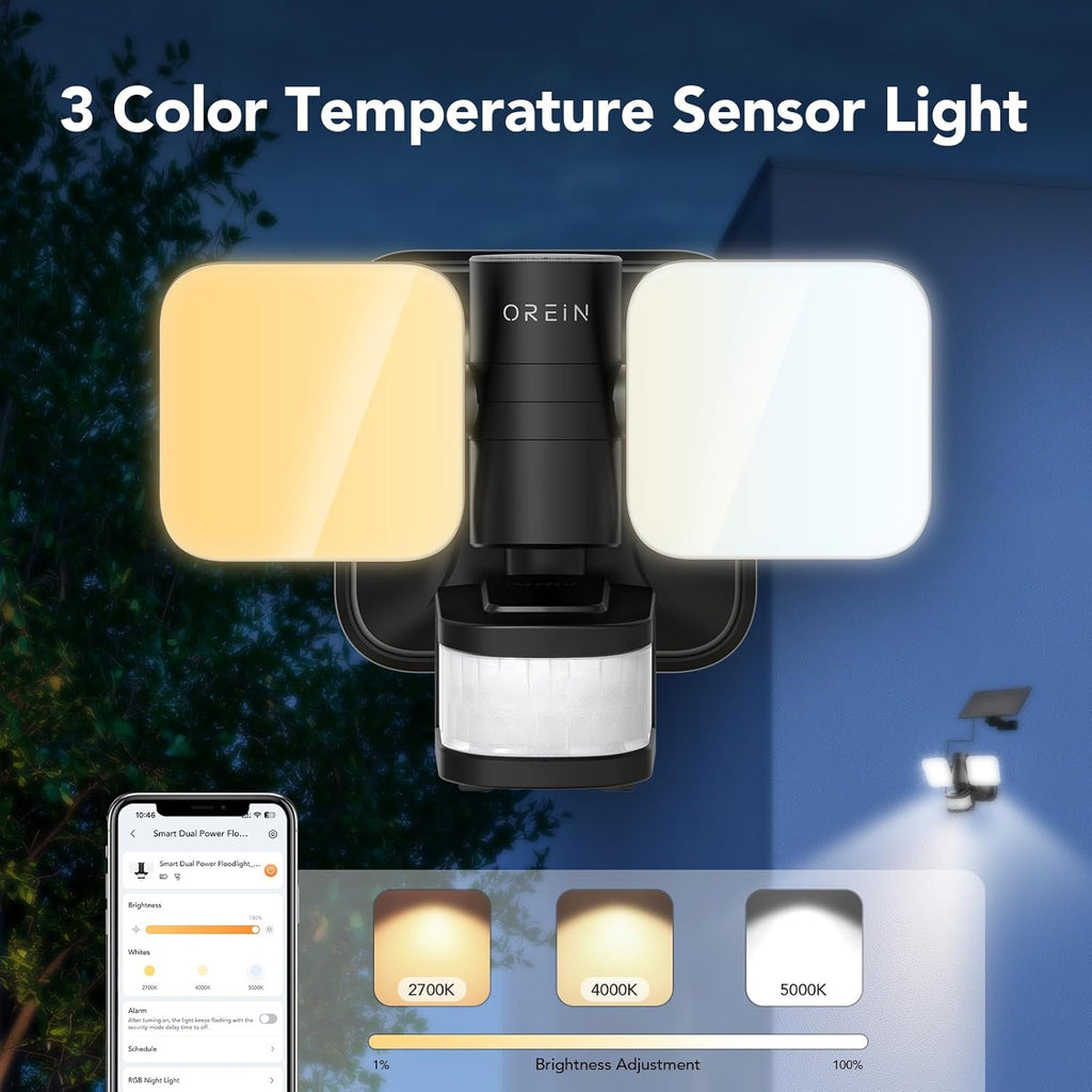 OREiN Wired and Solar Hybrid LED Smart Motion Sensor Light Outdoor Flood Lights with RGB Uplight Bluetooth APP Solar Motion Lights Outdoor Waterproof IP65 for Yard Garage Gate