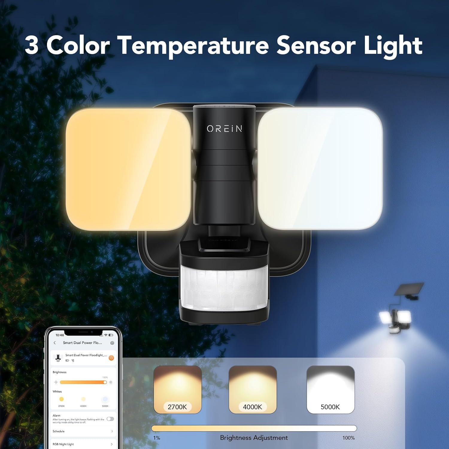 OREiN Wired and Solar Hybrid LED Smart Motion Sensor Light Outdoor Flood Lights with RGB Uplight Bluetooth APP Solar Motion Lights Outdoor Waterproof IP65 for Yard Garage Gate