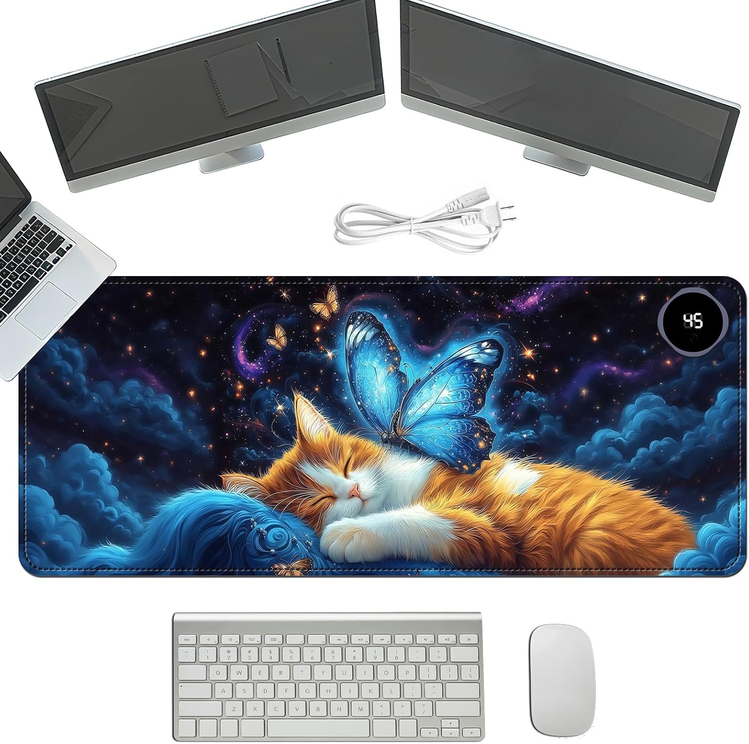 Heated Mouse Pad with 3 Temperature Settings(104°F–122°F),Large 31.5x13 Inch PU Leather Heated Desk Mat,Waterproof Warming Pad for Office,Gaming & Cold Hands Relief,Cat Bule Butterfly