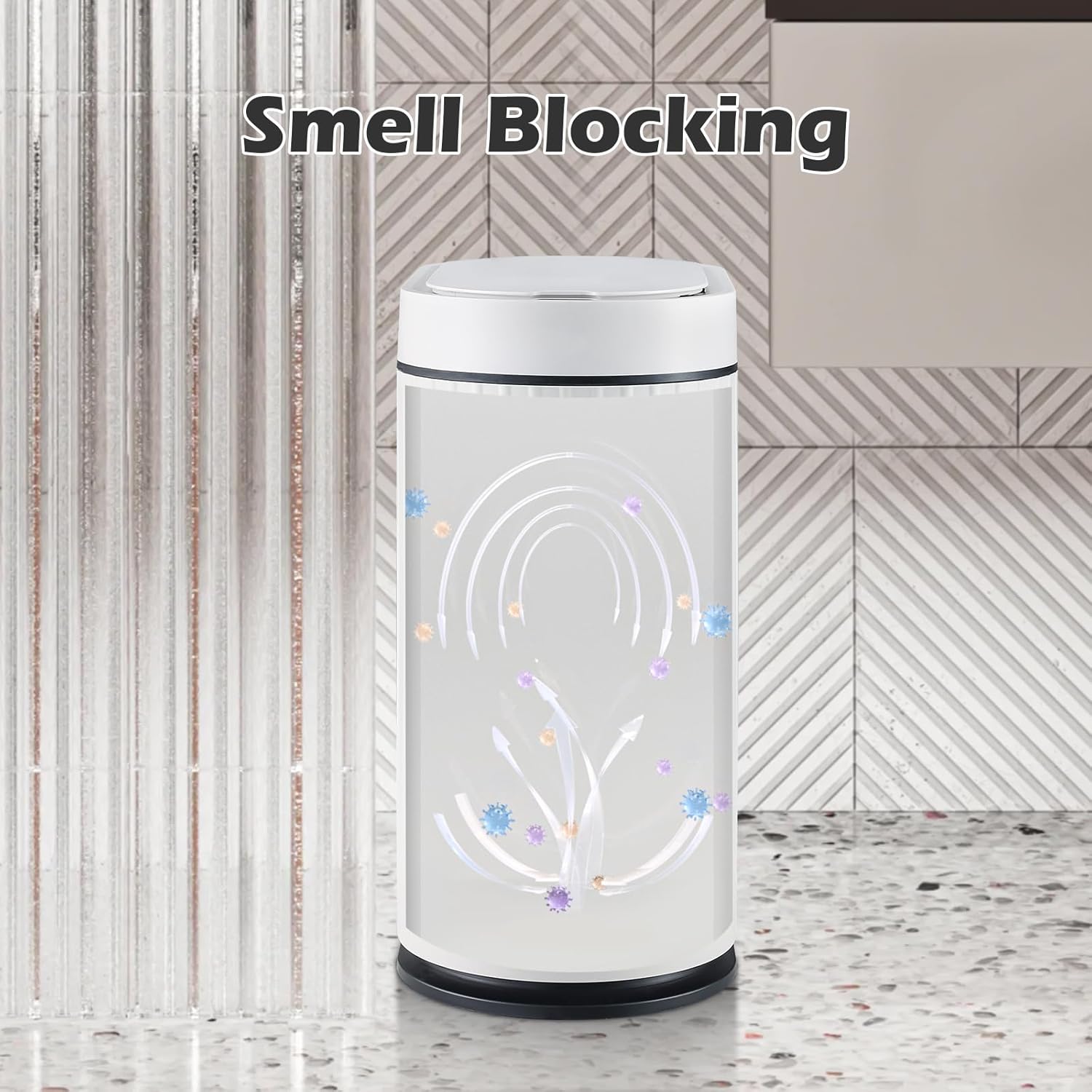 ELPHECO Bathroom Trash Can with Lid 2 Gallon Motion Sensor Garbage Can 7.5 Liter Small Trash can Touchless Bathroom Decor Waterproof Smart Waste Bin with Stripes for Bedroom, Office (White-Black)