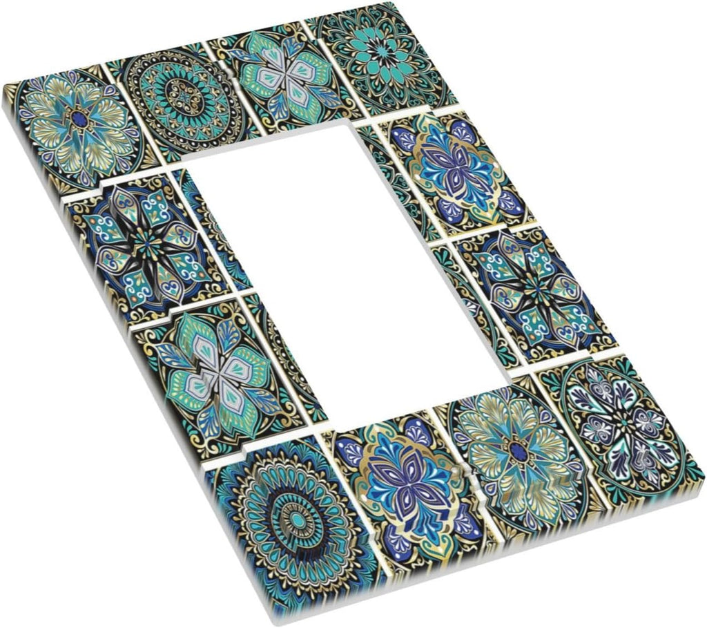 Decorative Outlet Covers Mandala Decorative Rustic Vintage Turquoise Pattern 1 Gang Single Rocker Light Switch Cover Plate Wall Plates GFCI Faceplate for Bedroom Bathroom Decor