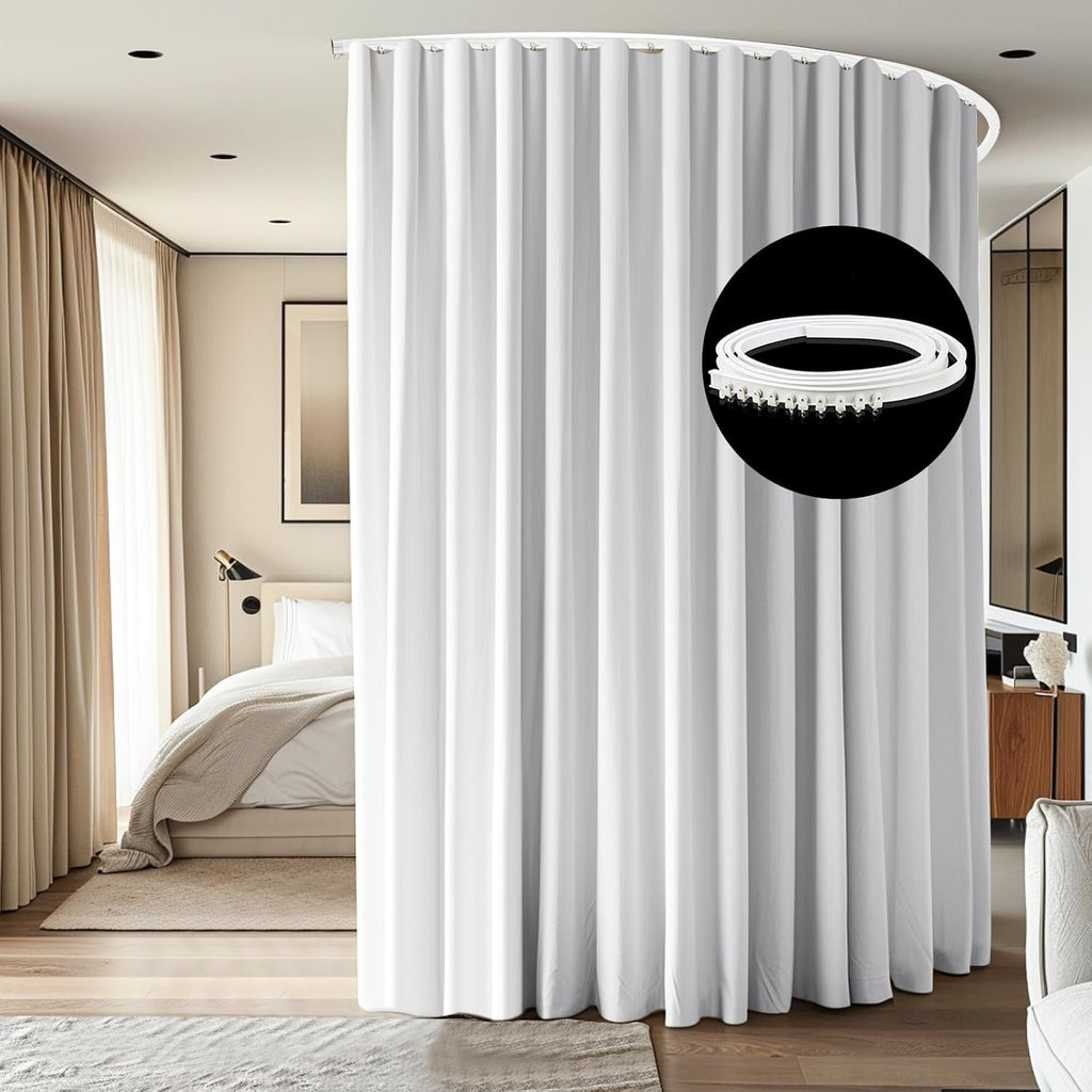 Room Divider Ceiling Mounted Curtains Track Sets Extra Wide Blackout Curtain Flexible Tracks for Bedroom Privacy Partition Separator, 1 Panel White Drape and White Rail, W15 x H9ft