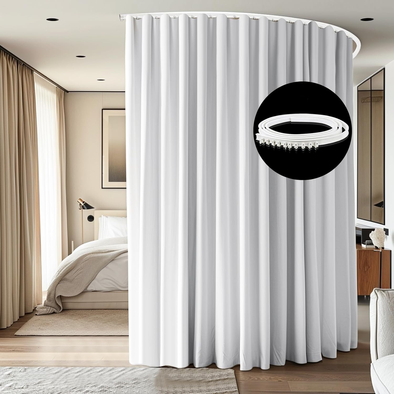Room Divider Ceiling Mounted Curtains Track Sets Extra Wide Blackout Curtain Flexible Tracks for Bedroom Privacy Partition Separator, 1 Panel White Drape and White Rail, W15 x H8ft