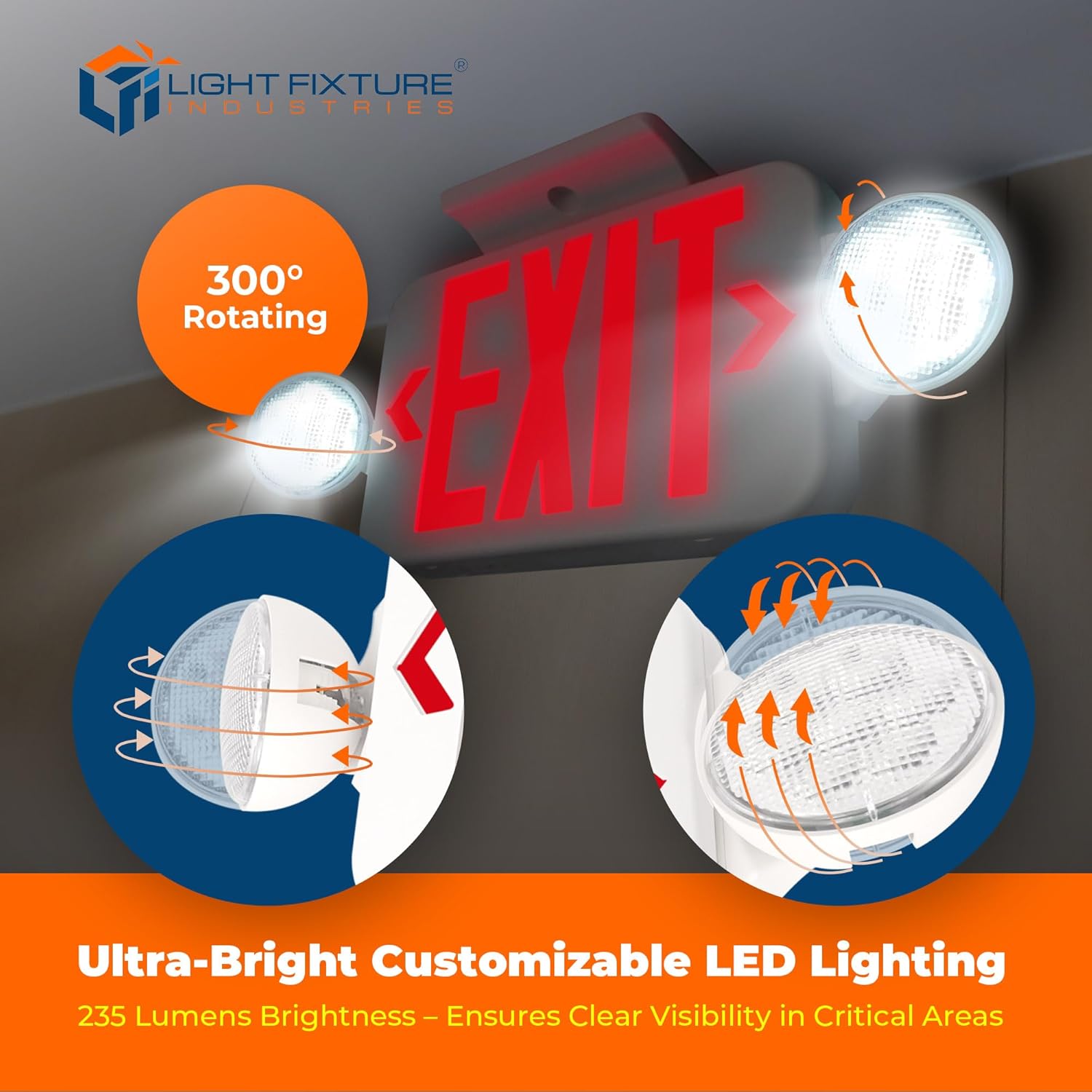 LFI Lights® Compact Remote Head Capable COMBO UL 924 Listed, Exit Sign with Emergency Lights, Red LED, White, 120/277VAC Hardwired with Battery Backup, Optional Double Face and Knock Out Arrows COMBOJR2RWRH