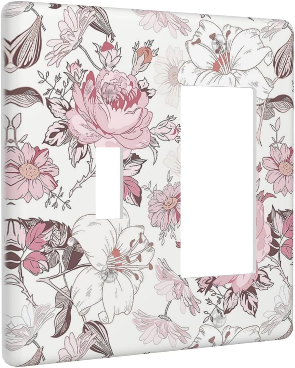 Outlet Covers Modern Watercolor Flower Pink White Wildflower 1 Toggle 1 Rocker Combination Decorative Wall Plate Light Switch Cover Plate Electrical Switch Plates for Bedroom Home Decor