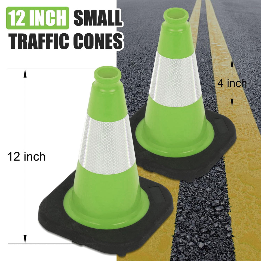 6 Pack 12" Inch Green PVC Traffic Cones with Heavy-Duty Base, High-Visibility All-Weather Safety Cones for Road Construction, Parking Lot, and Garage Use (6, Green, 12" Small)