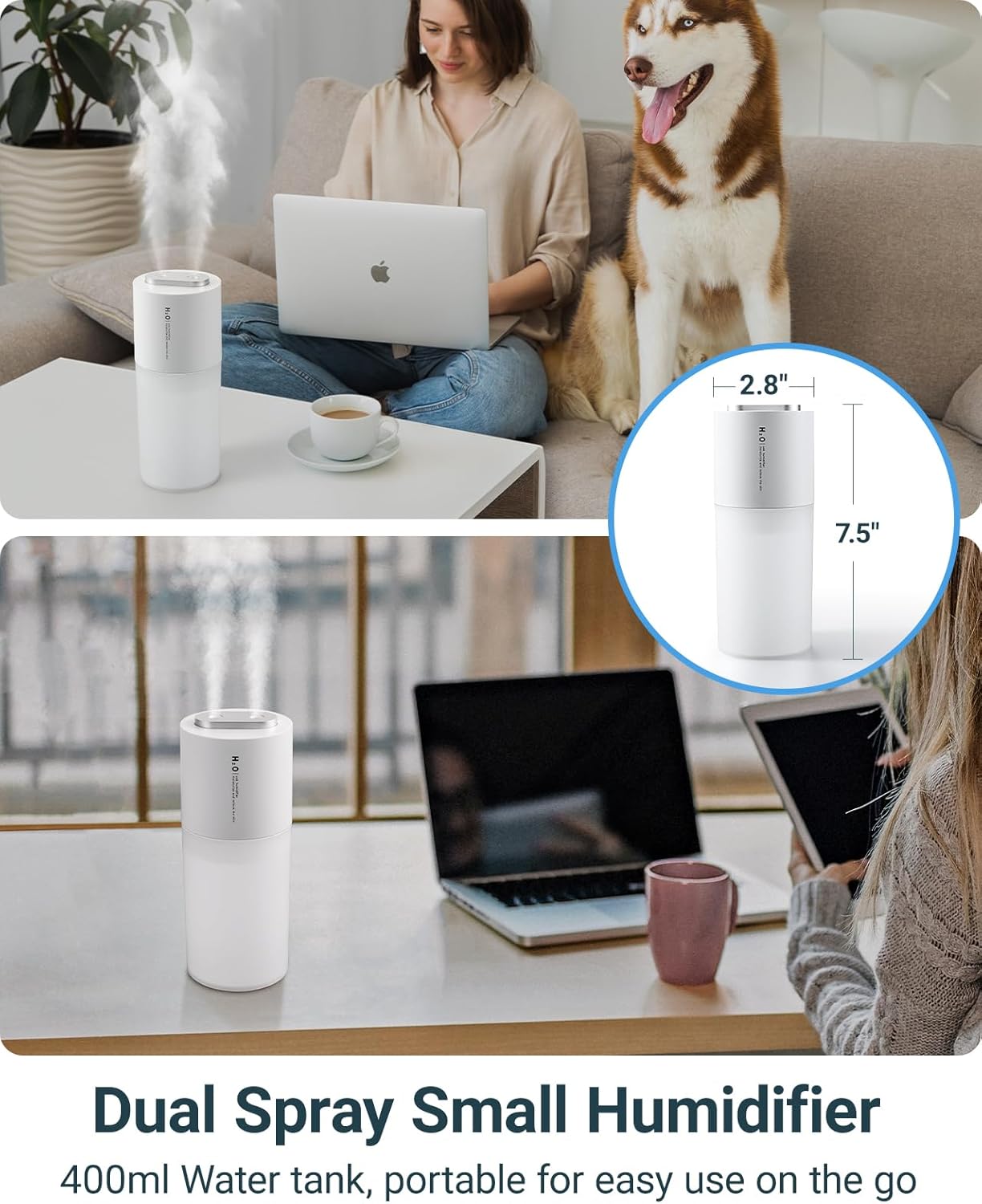 Dual-spray 400ml Mini Humidifier for Desk - Portable Rechargeable Personal Desktop Humidifiers for Office Car Travel Plants Bedroom Baby, Auto Shut-Off, 2 Mist Modes, Super Quiet, White