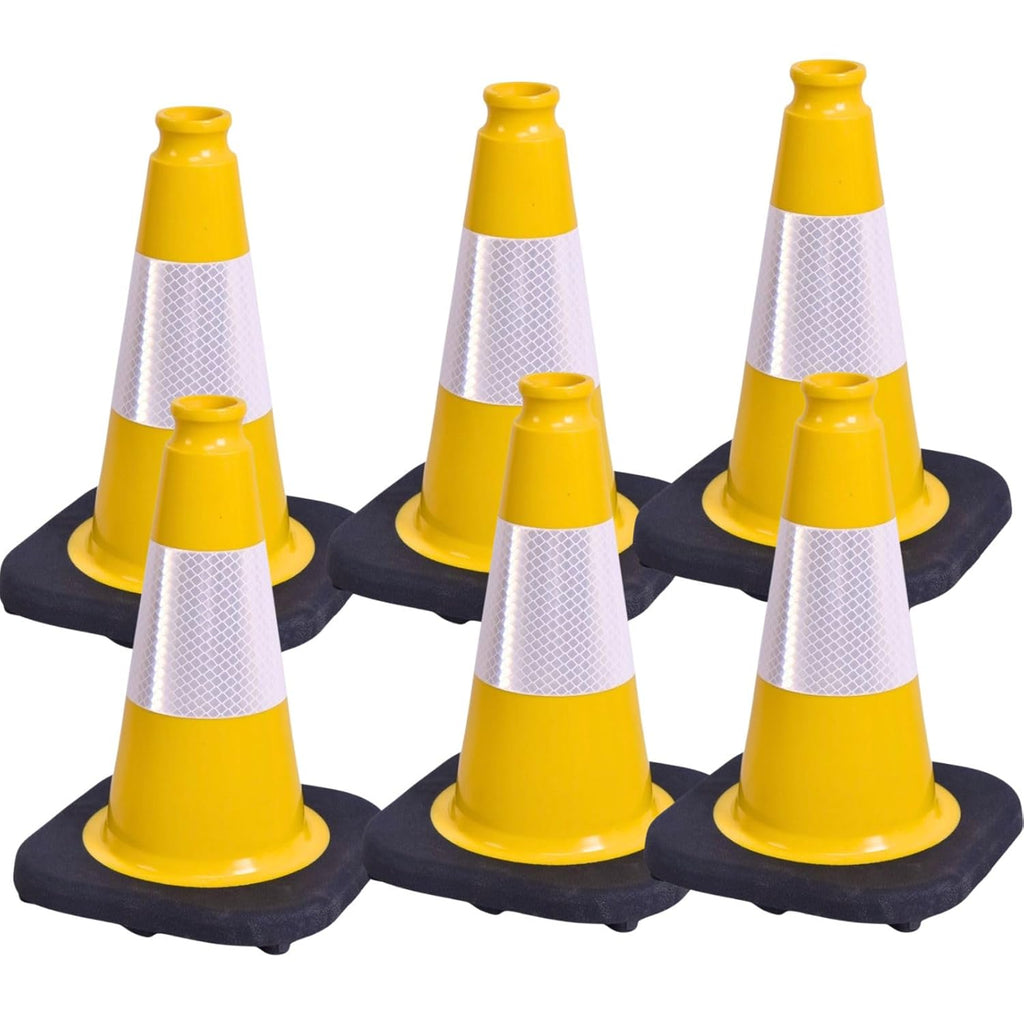 BESEA 6Pack 12 Inch Yellow Traffic Cones with 4 Inch Reflective Collar, Heavy Duty PVC Safety Cones with 8.5 x 8.5 Inch Base for Parking, Driving Practice, Sports Training, and Construction