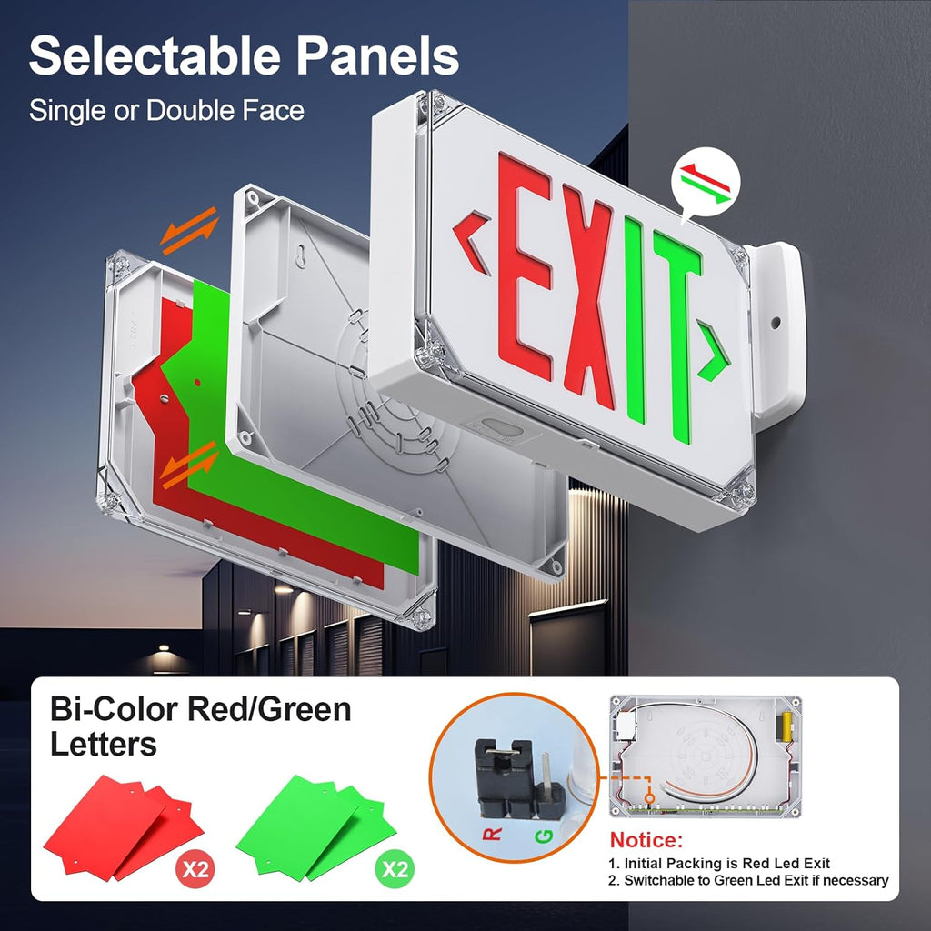 Wet Location Exit Sign,Exterior Weatherproof LED Exit Light with Battery Backup,Switchable Red/Green Colors,Double Sided Emergency exit sign,Outdoor Waterproof Hardwired Emergency Exit Light,120V/277VAC,UL Listed(1 Pack)